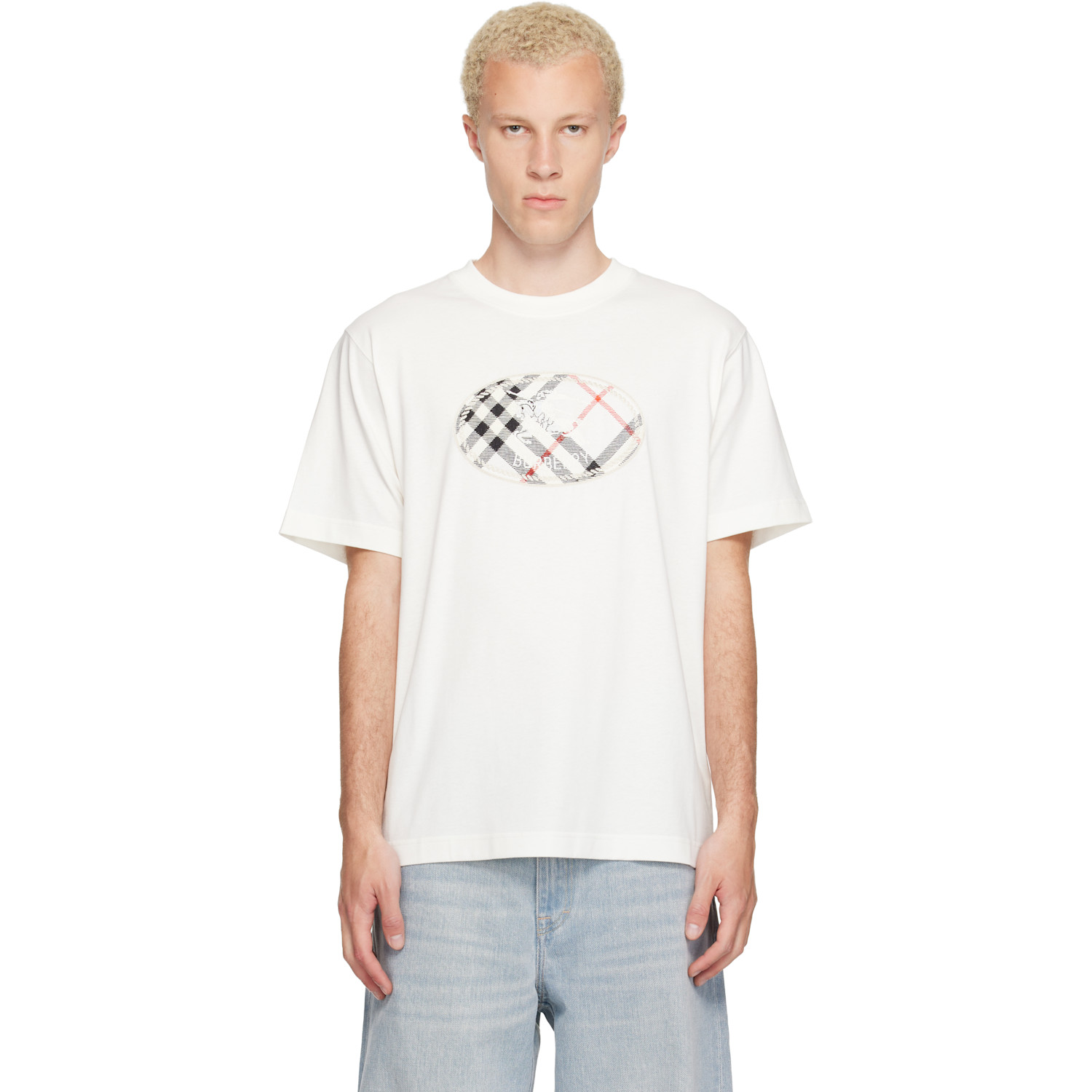 Burberry White Check Knight Stamp Cotton T-shirt