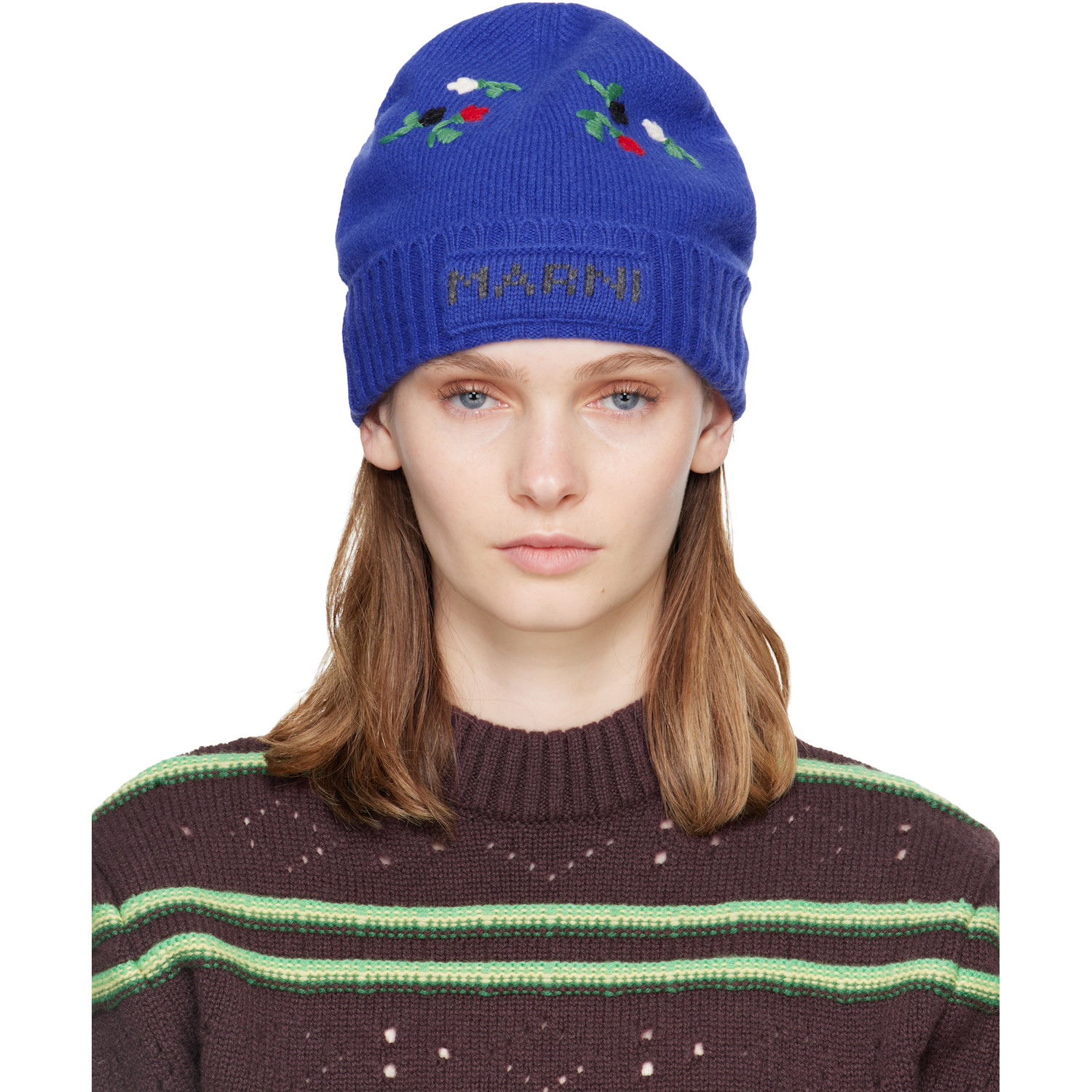 Marni Blue Wool & Cashmere Flower Beanie
