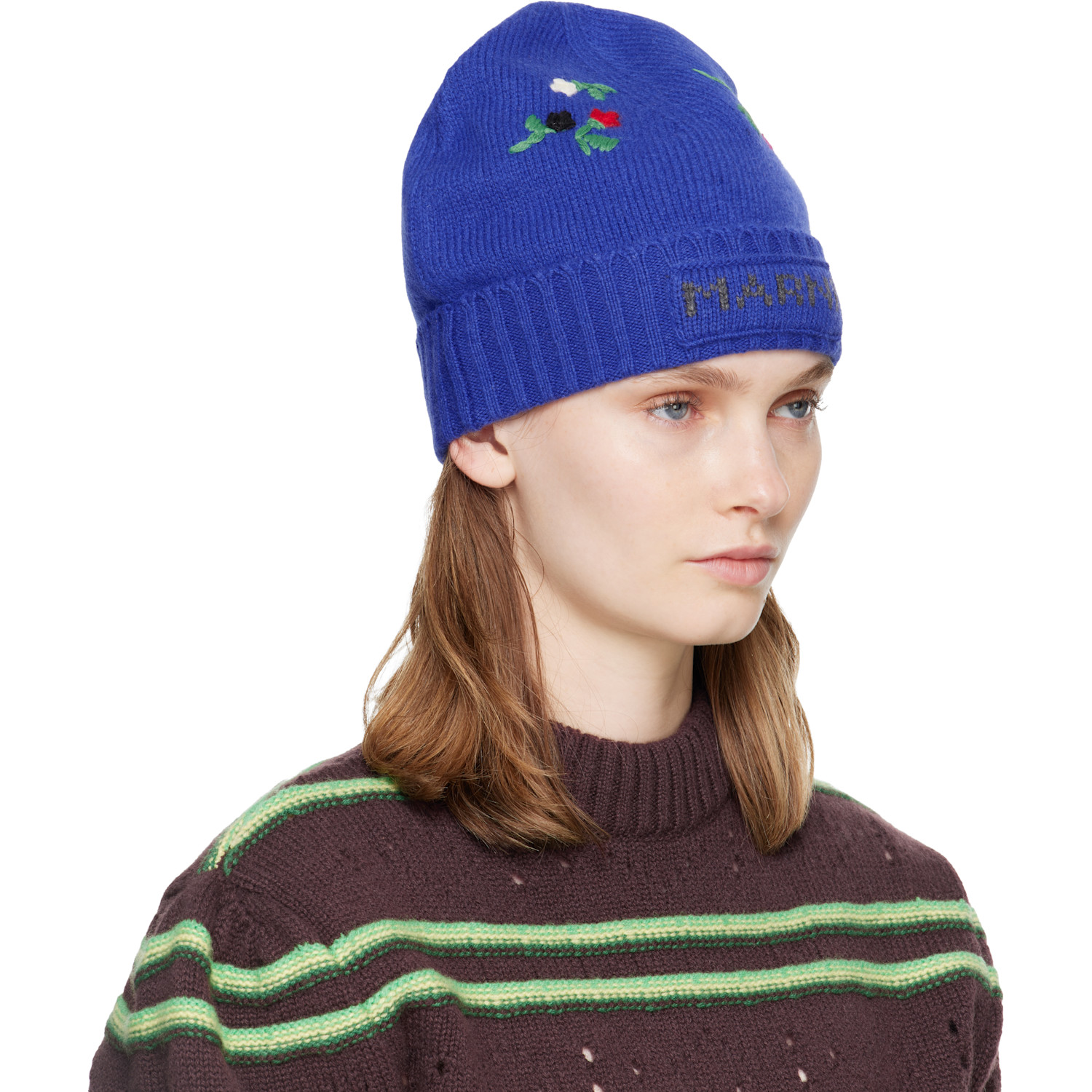  Marni Blue Wool & Cashmere Flower Beanie 