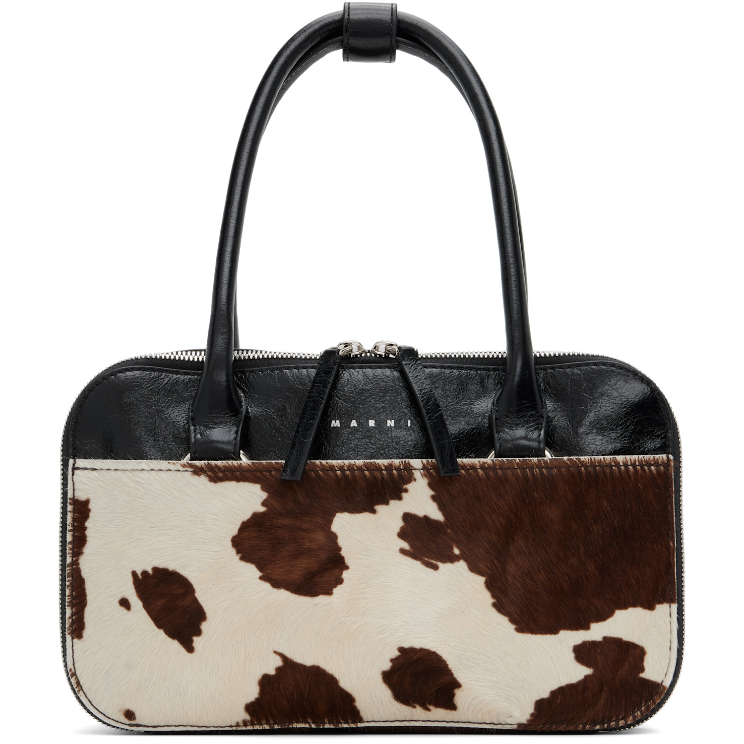 Marni Black & Brown Small Cow Print Bowling Bag