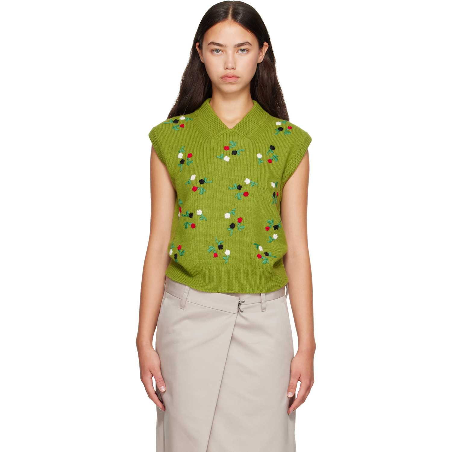 Marni Green Wool-Cashmere Flower Embroidery Vest