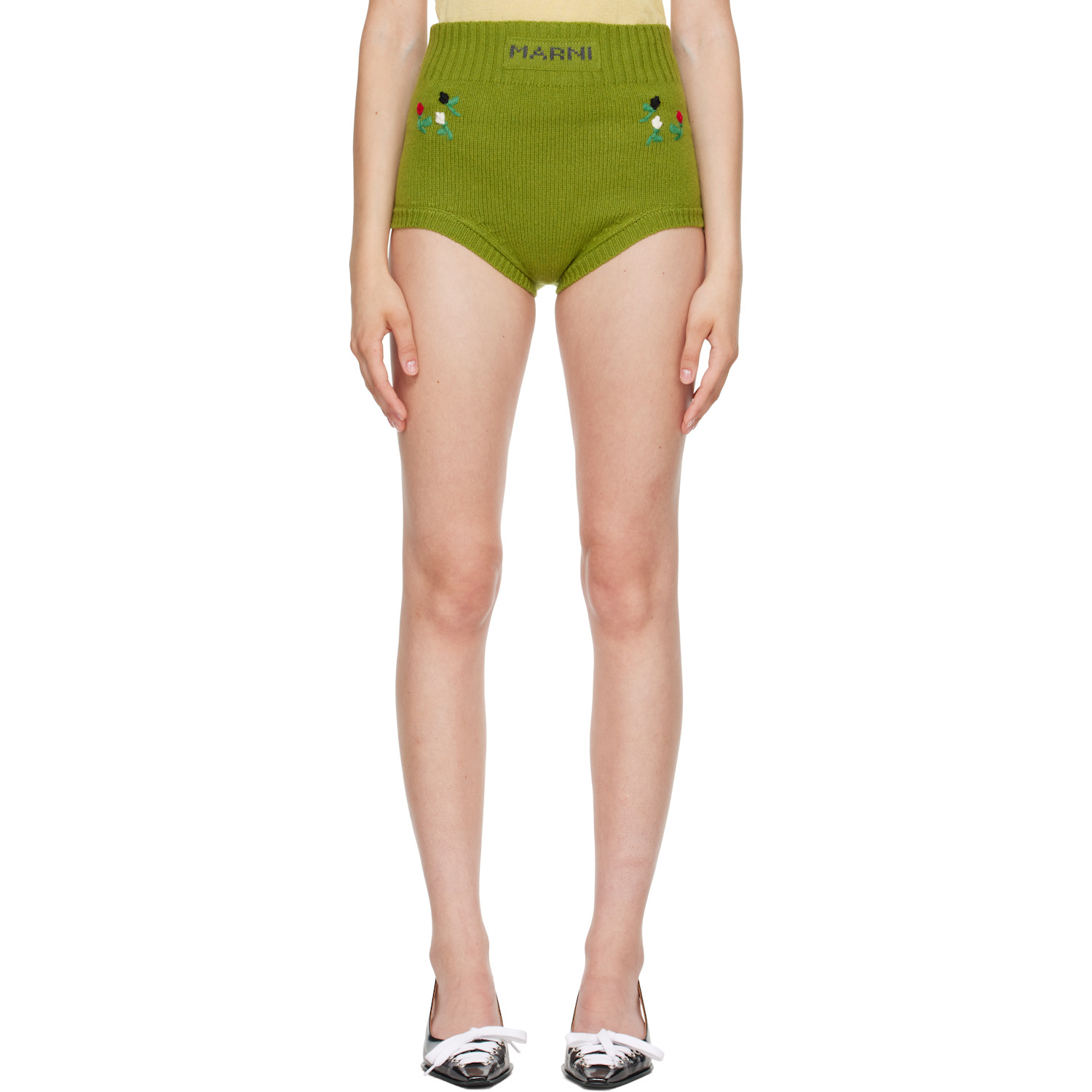 Marni Green Wool-Cashmere Flower Embroidery Brief Shorts