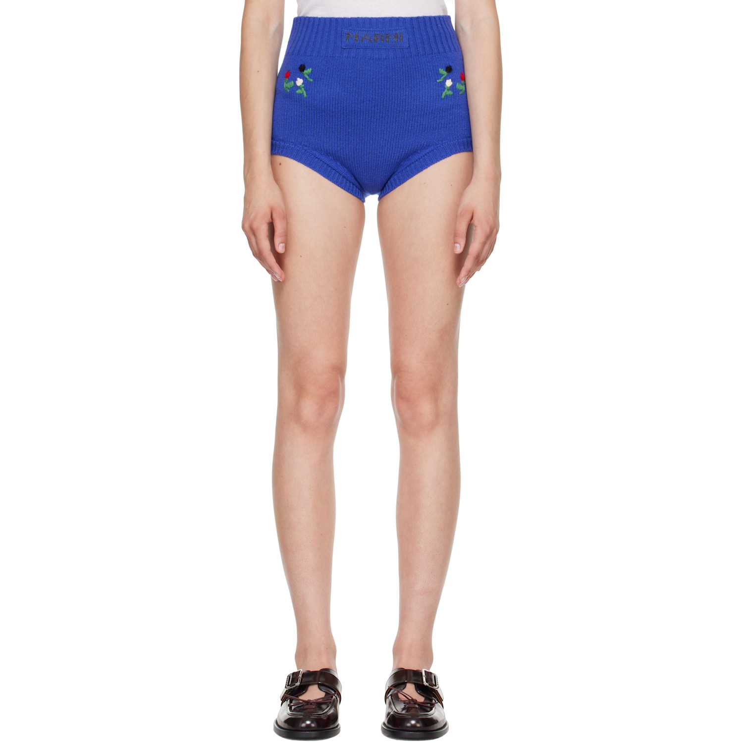 Marni Blue Wool-Cashmere Flower Embroidery Brief Shorts