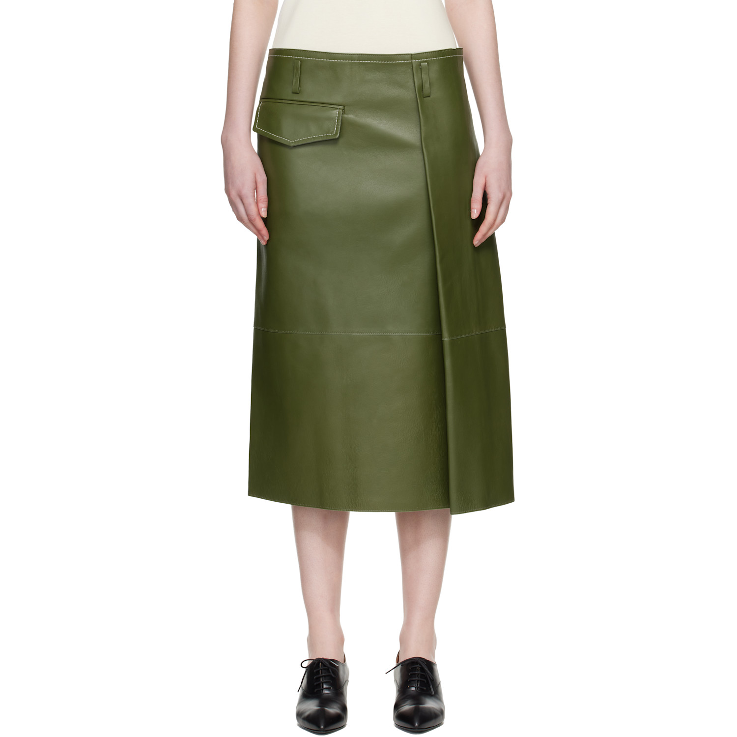 Marni Green Pocket Bonded Nappa Leather Midi Skirt