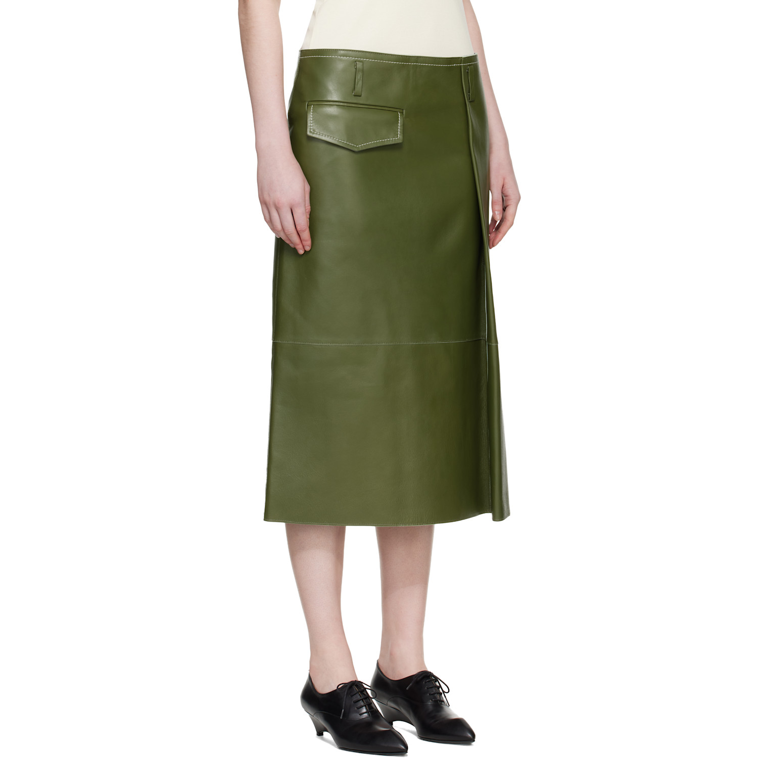  Marni Green Pocket Bonded Nappa Leather Midi Skirt 