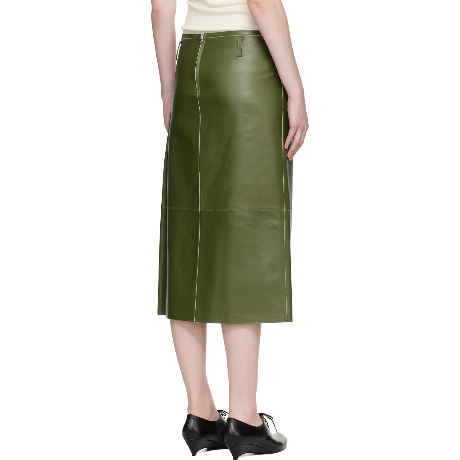  Marni Green Pocket Bonded Nappa Leather Midi Skirt 