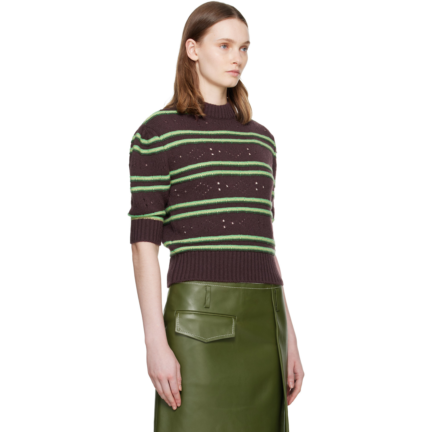  Marni Brown Short Sleeve Striped Crewneck Sweater 