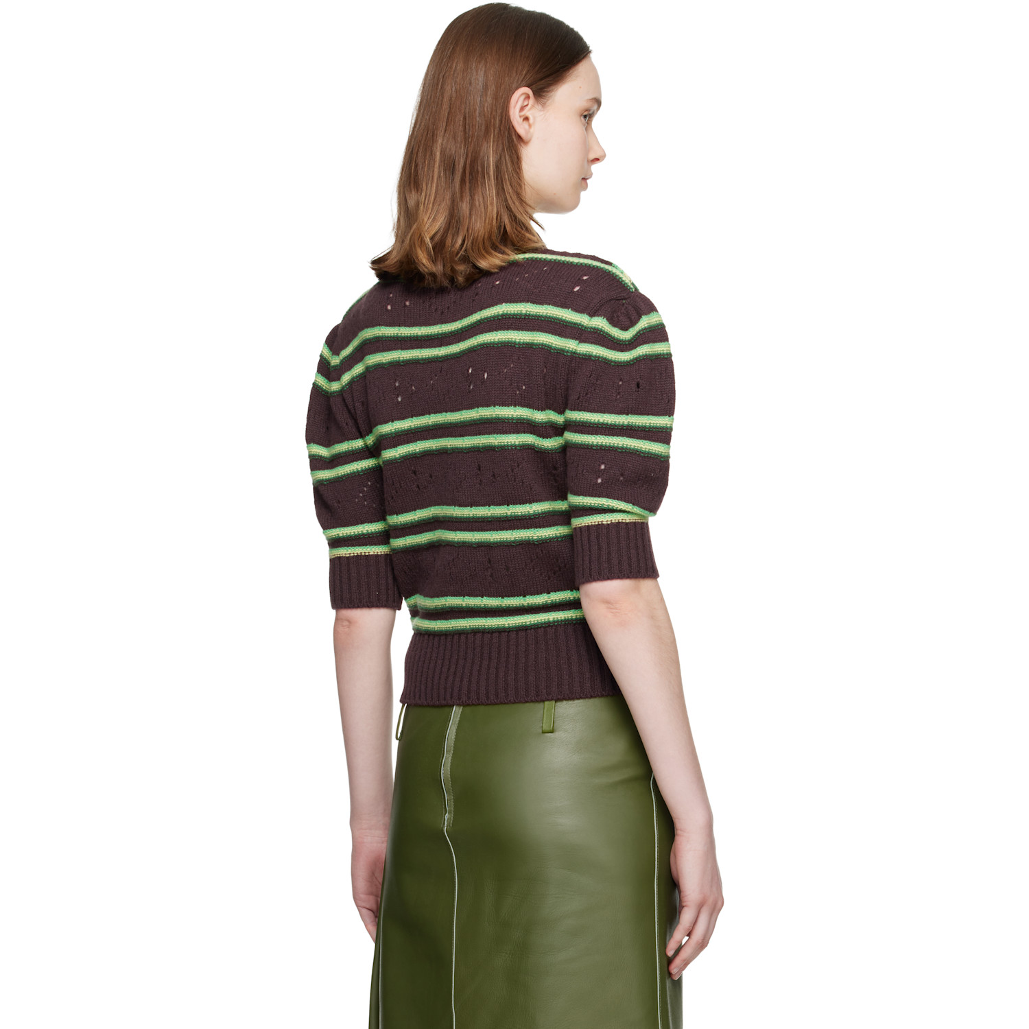 Marni Brown Short Sleeve Striped Crewneck Sweater 