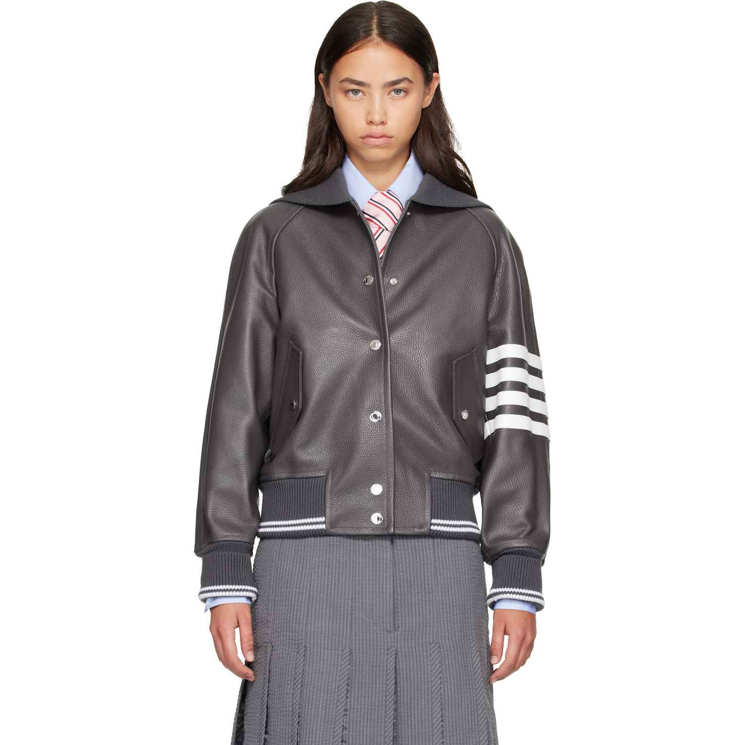 Thom Browne Gray Leather 4-Bar Oversized Blouson Jacket