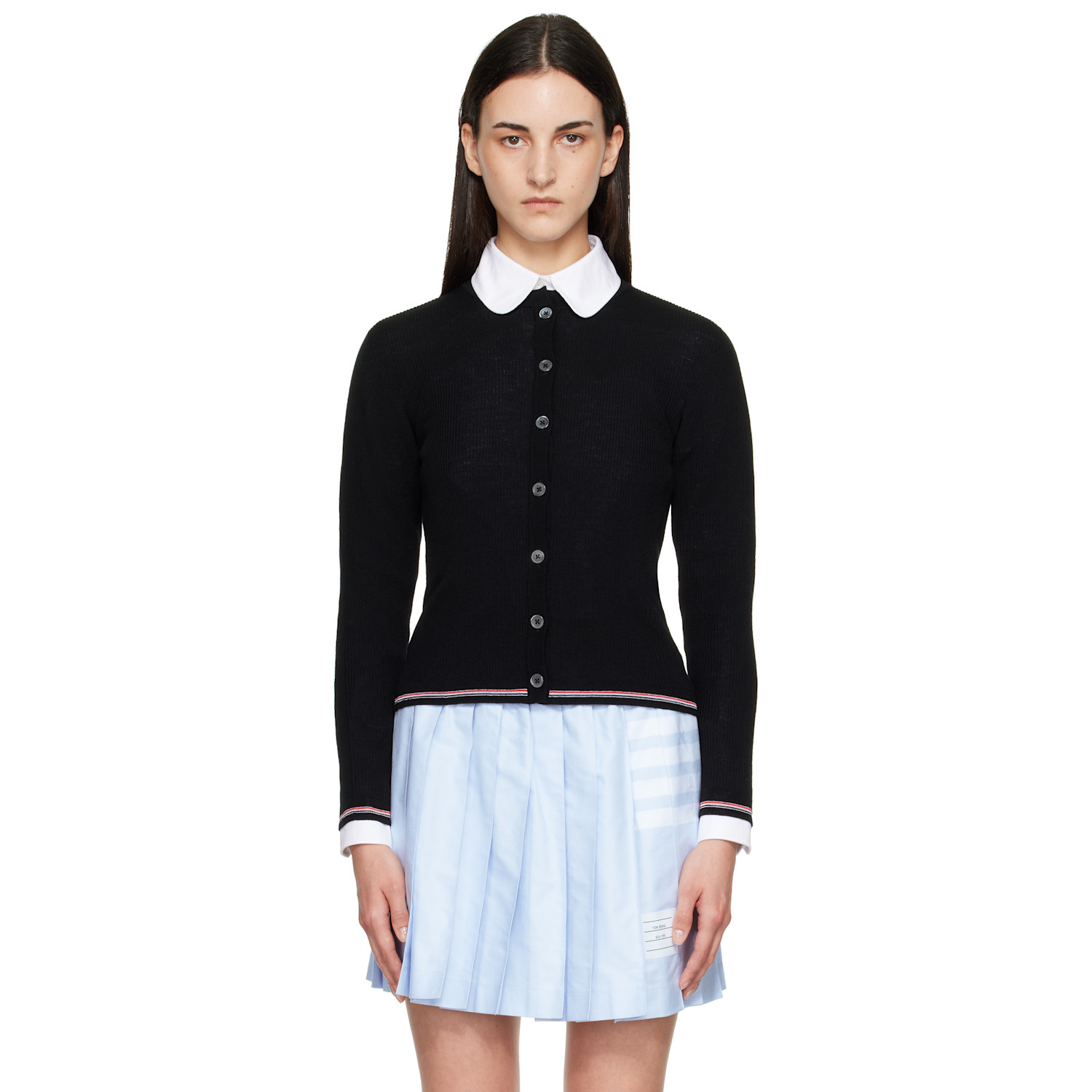Thom Browne Black Rib Stitch Crew Neck Merino Wool Cardigan