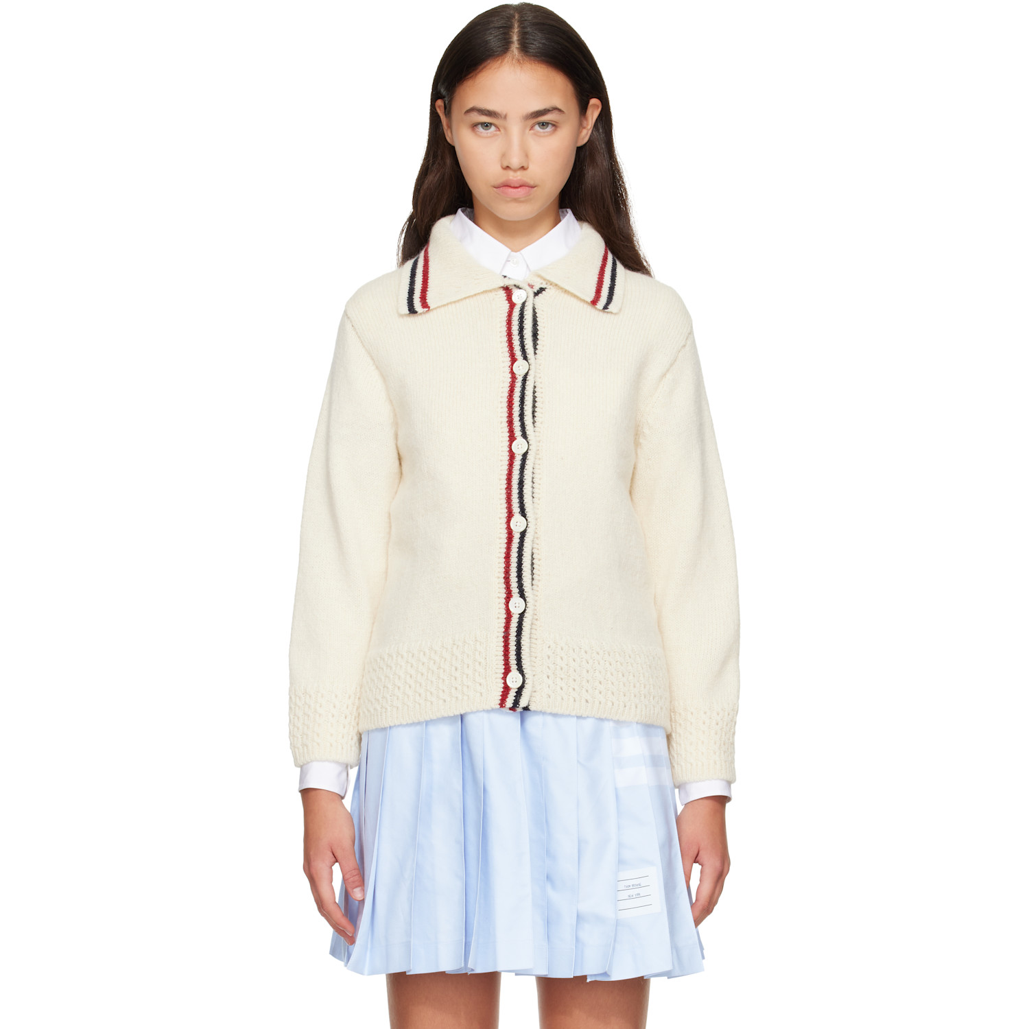 Thom Browne Off-White Donegal RWB Stripe Hector Pointelle Cardigan