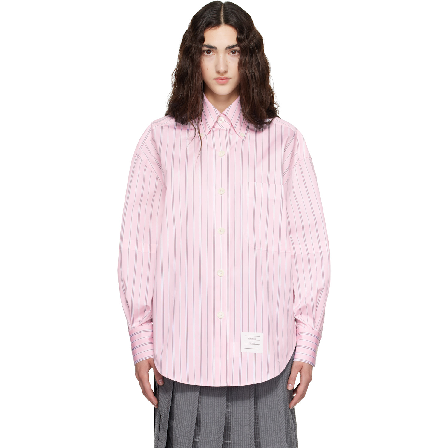 Thom Browne Pink Hairline Stripe Poplin Supersized Shirt