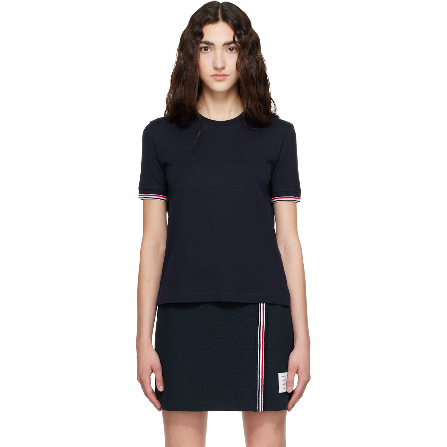 Thom Browne Navy Rib Cuff RWB Tipping Wool Jersey T-shirt