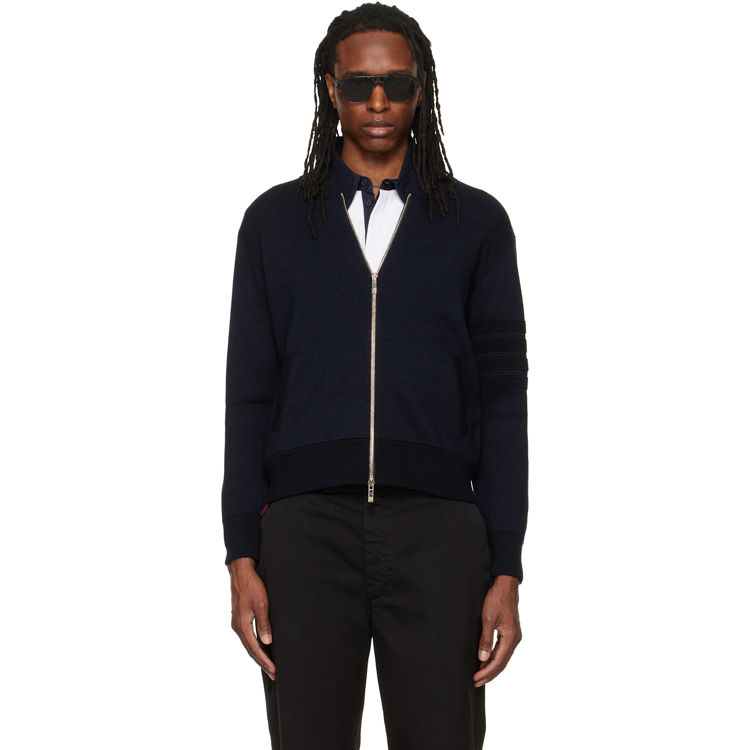 Thom Browne Navy Ottoman Milano Stitch 4-Bar Bomber Jacket