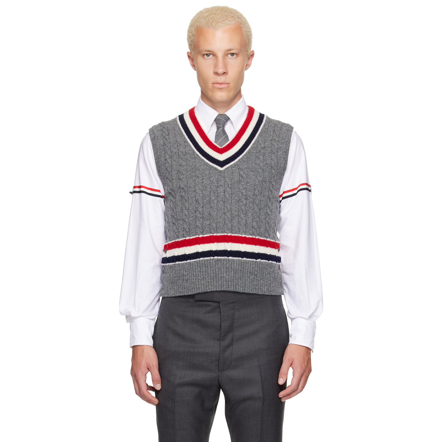 Thom Browne Gray Baby Cable V-Neck Cricket RWB Vest