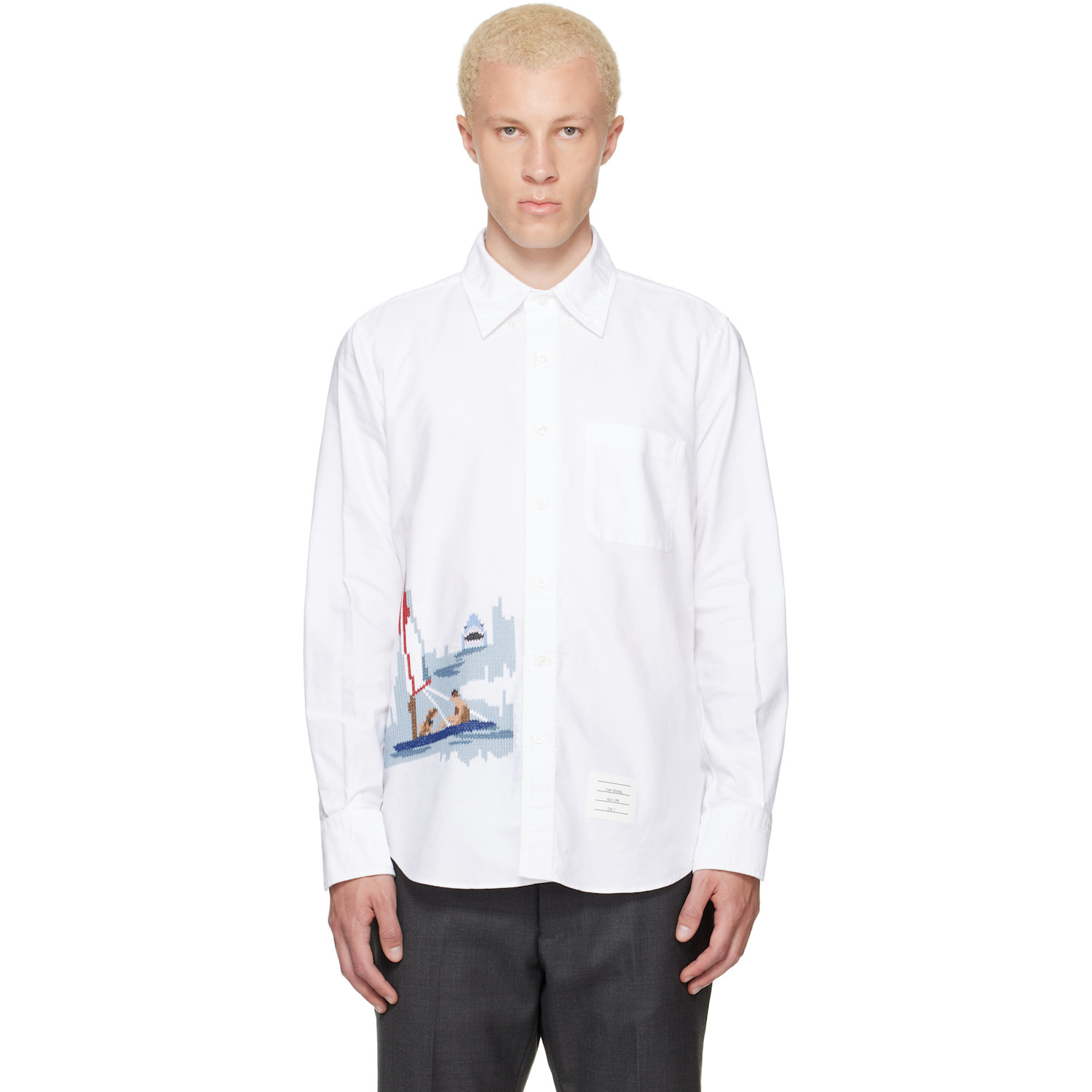 Thom Browne White Scenic Sailboat & Shark Oxford Shirt