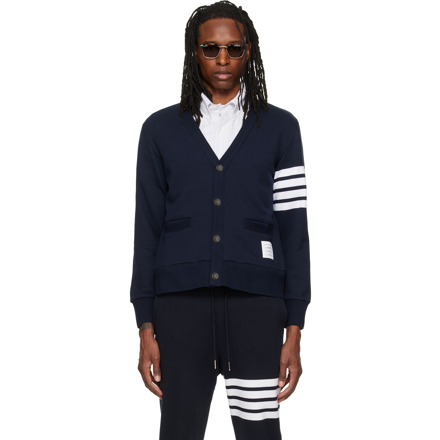 Thom Browne Navy Loopback 4-Bar Boat Embroidery Cardigan
