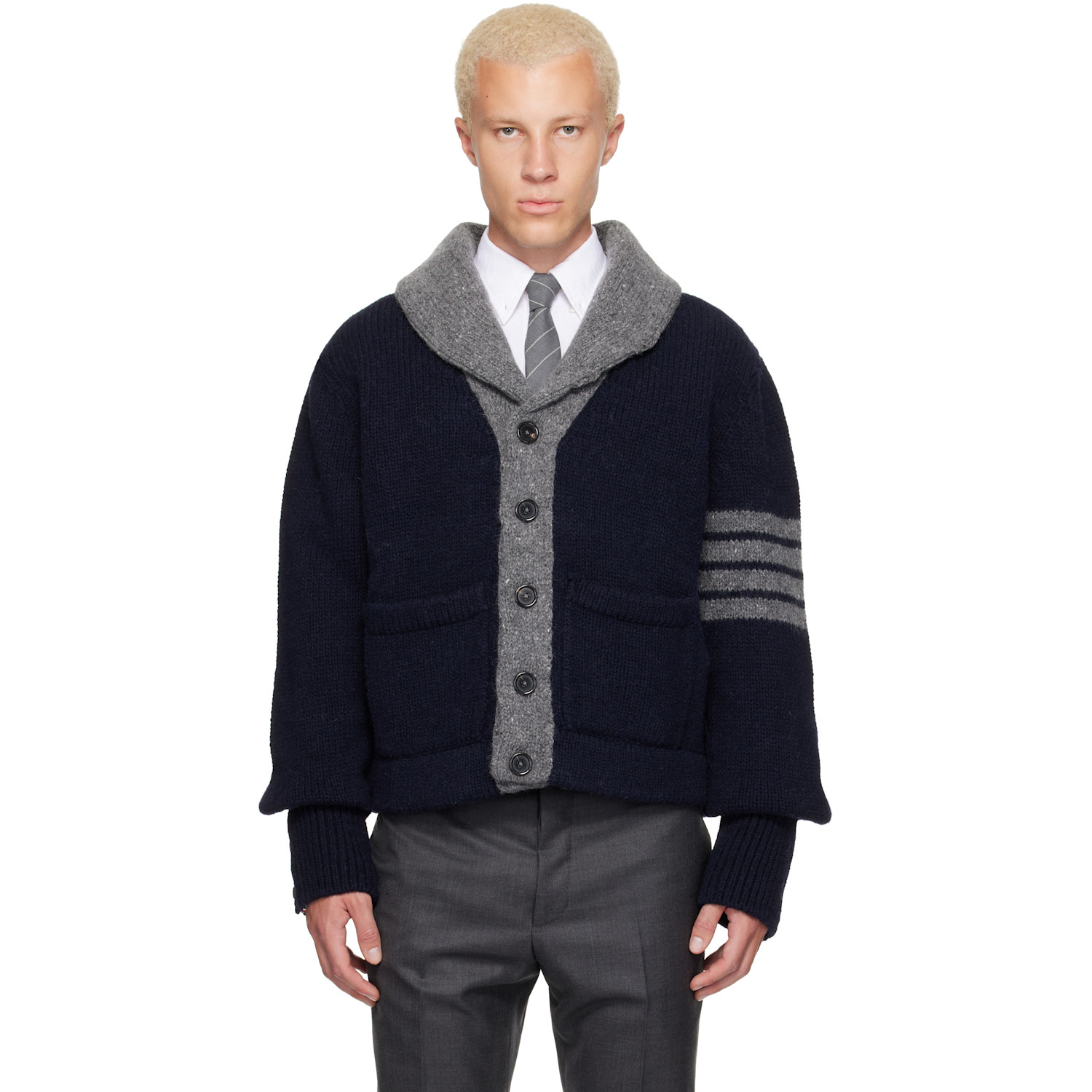 Thom Browne Navy & Gray 'Browne 65' Jersey Intarsia Shawl Collar Cardigan