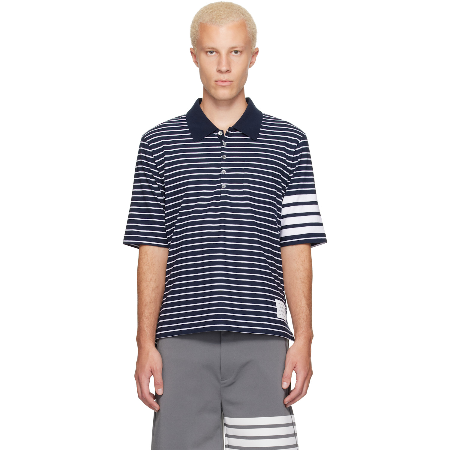 Thom Browne Navy & White Jersey 4-Bar Polo