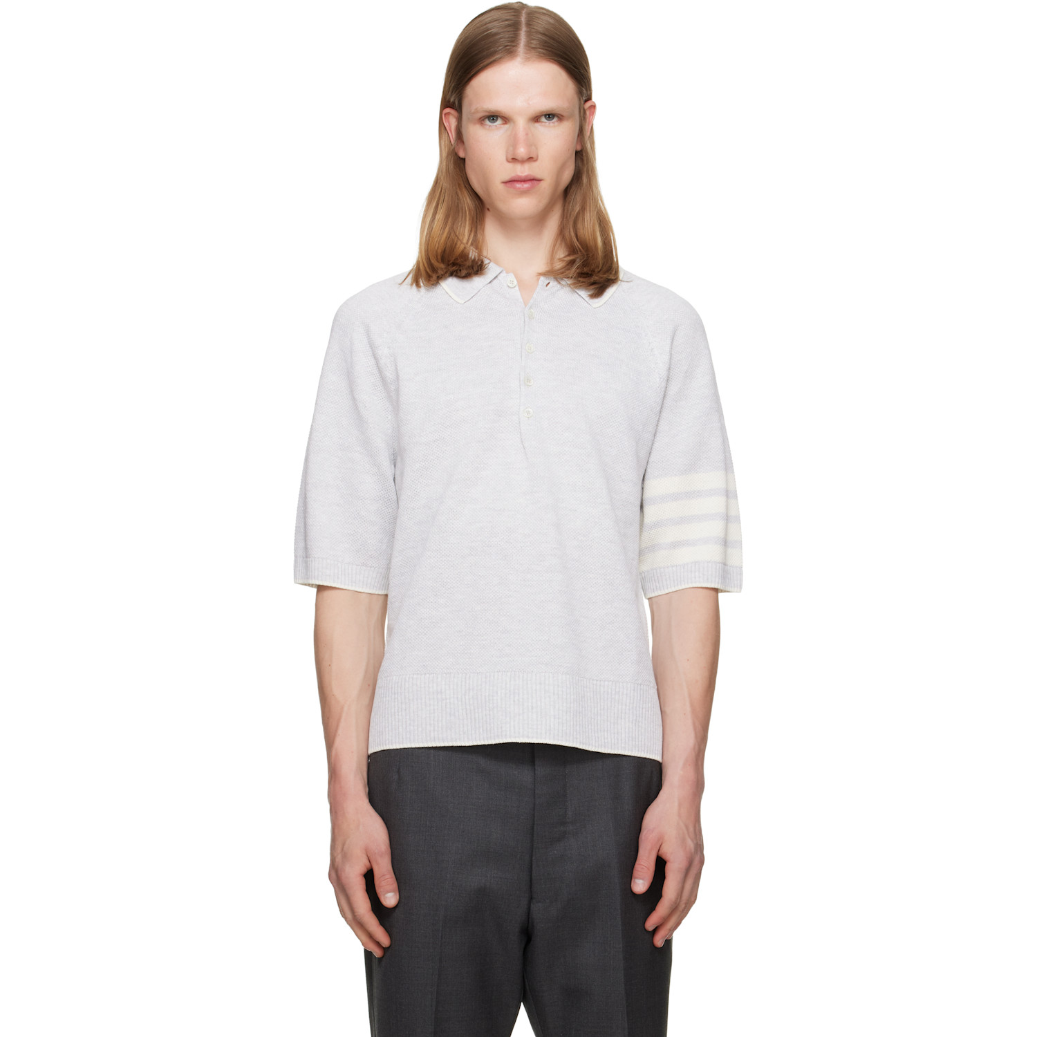 Thom Browne Gray Linen Cotton 4-Bar Relaxed Fit Polo