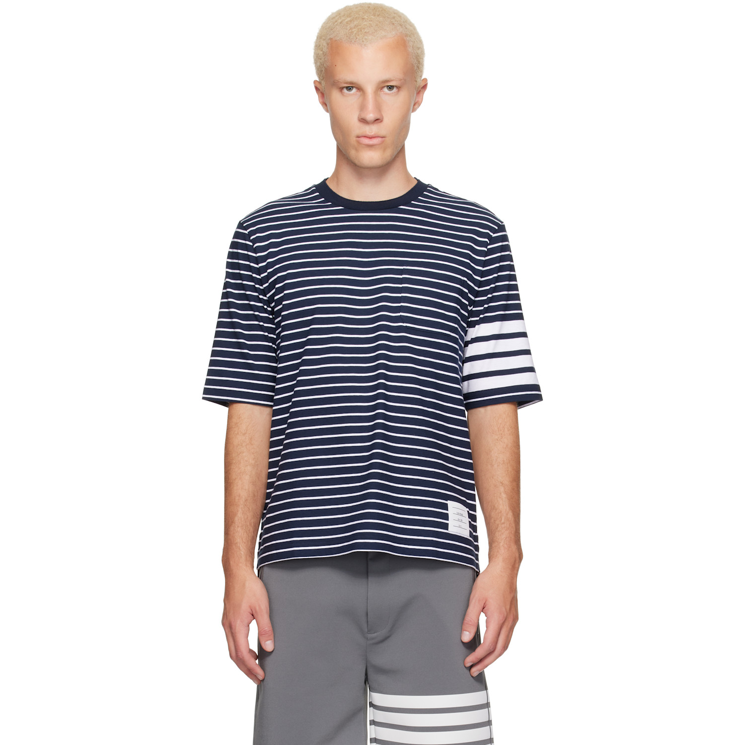 Thom Browne Navy & White Jersey 4-Bar Knit Pocket T-shirt
