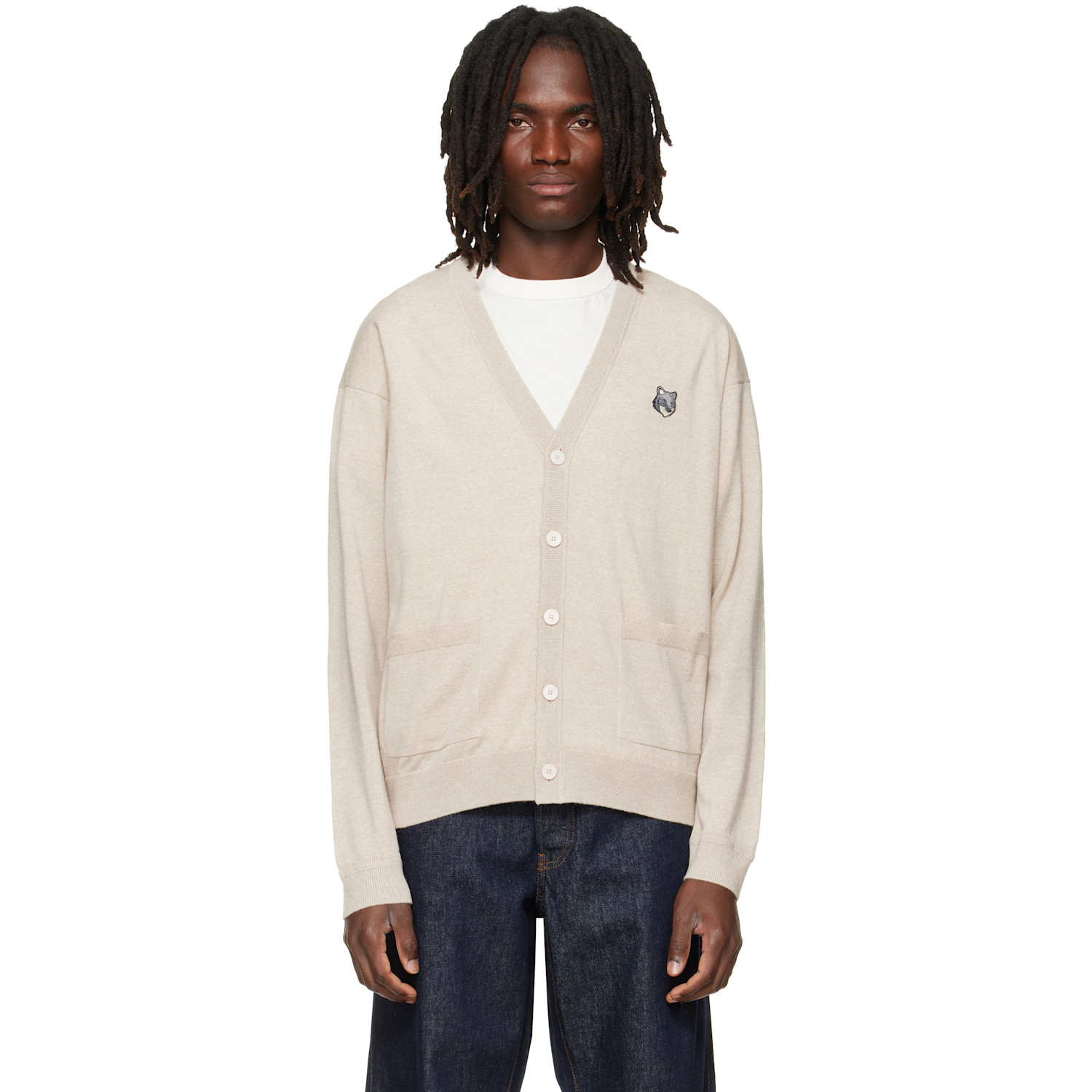 Maison Kitsuné Beige Fox Head Merino Comfort Cardigan