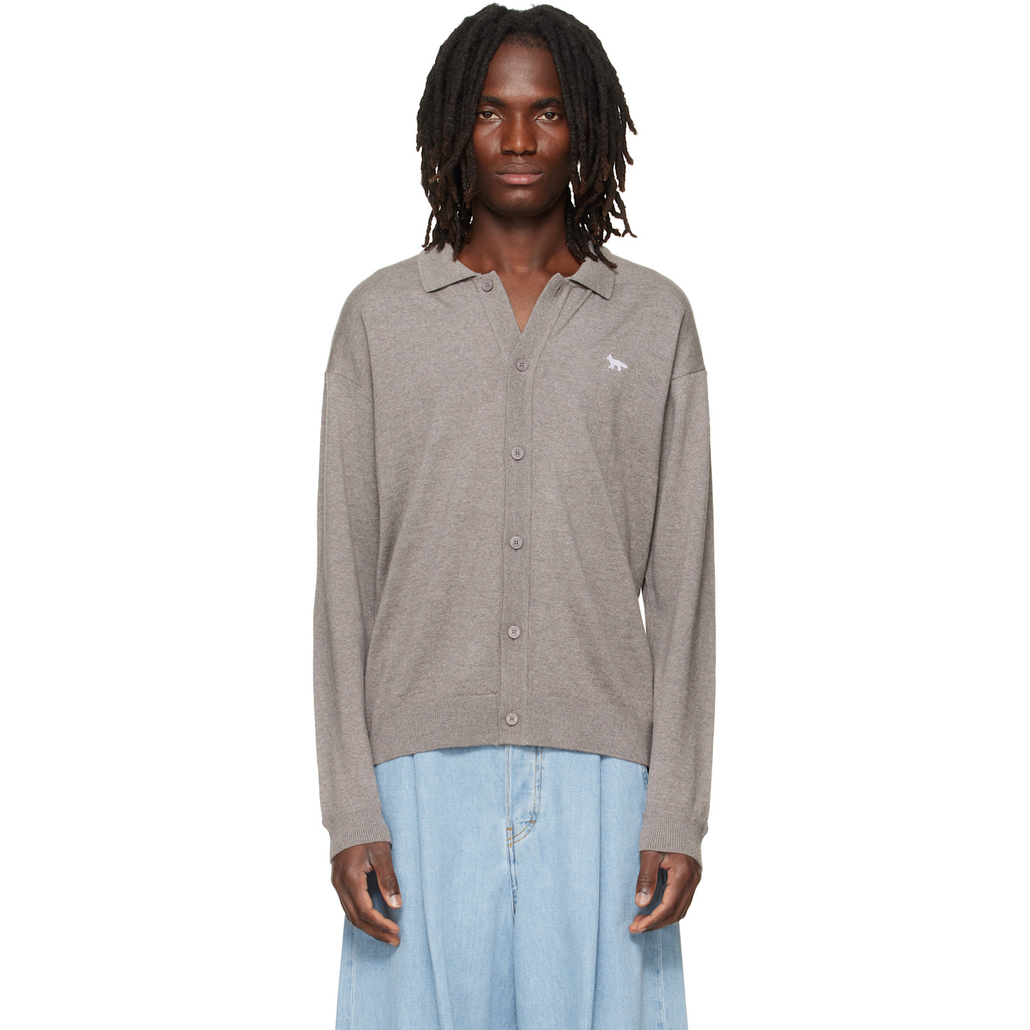 Maison Kitsuné Taupe Profile Fox Comfort Polo Cardigan