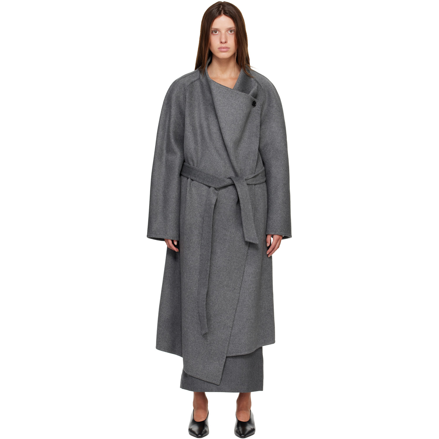 R2W Gray Porin Draped Button Wool Cash Coat