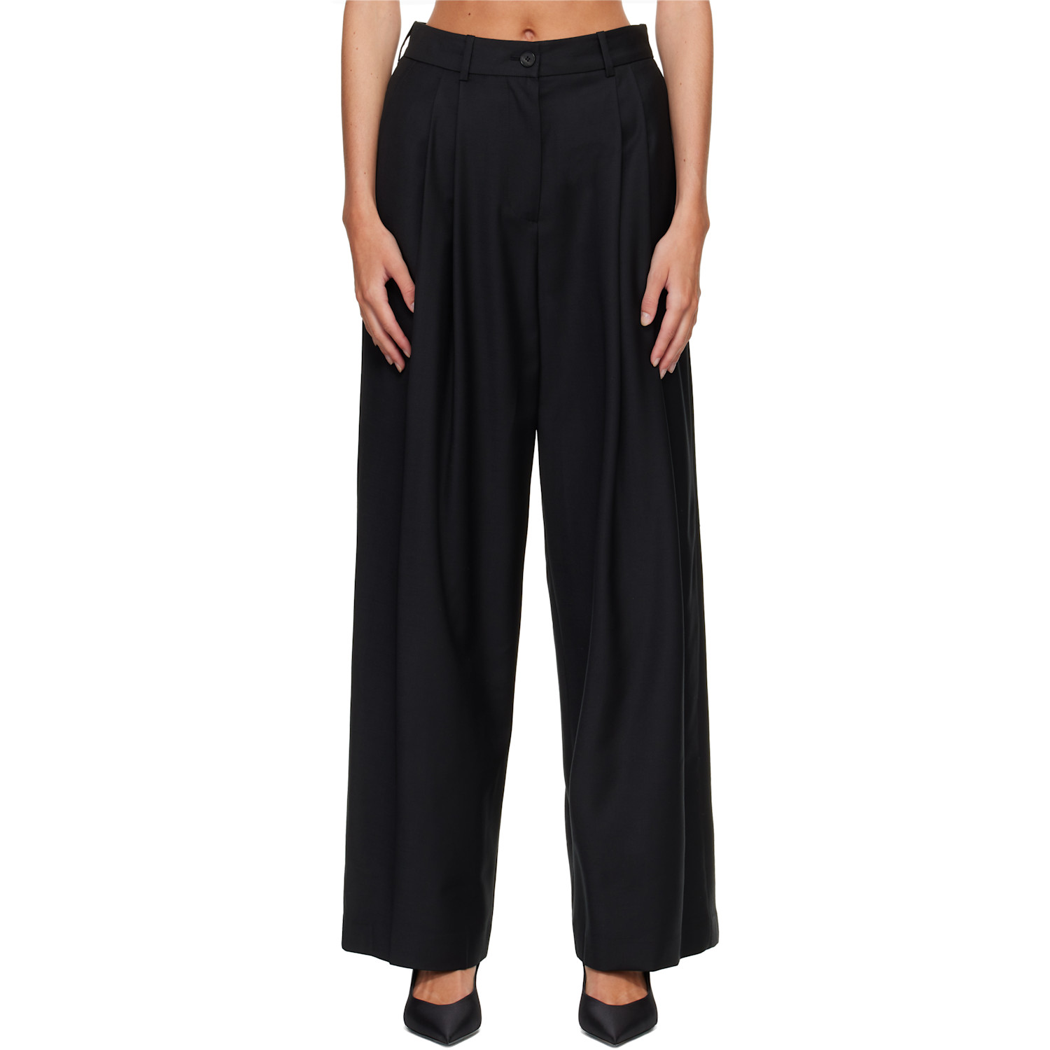 R2W Black Orielle Wool Wide Tapered Trousers