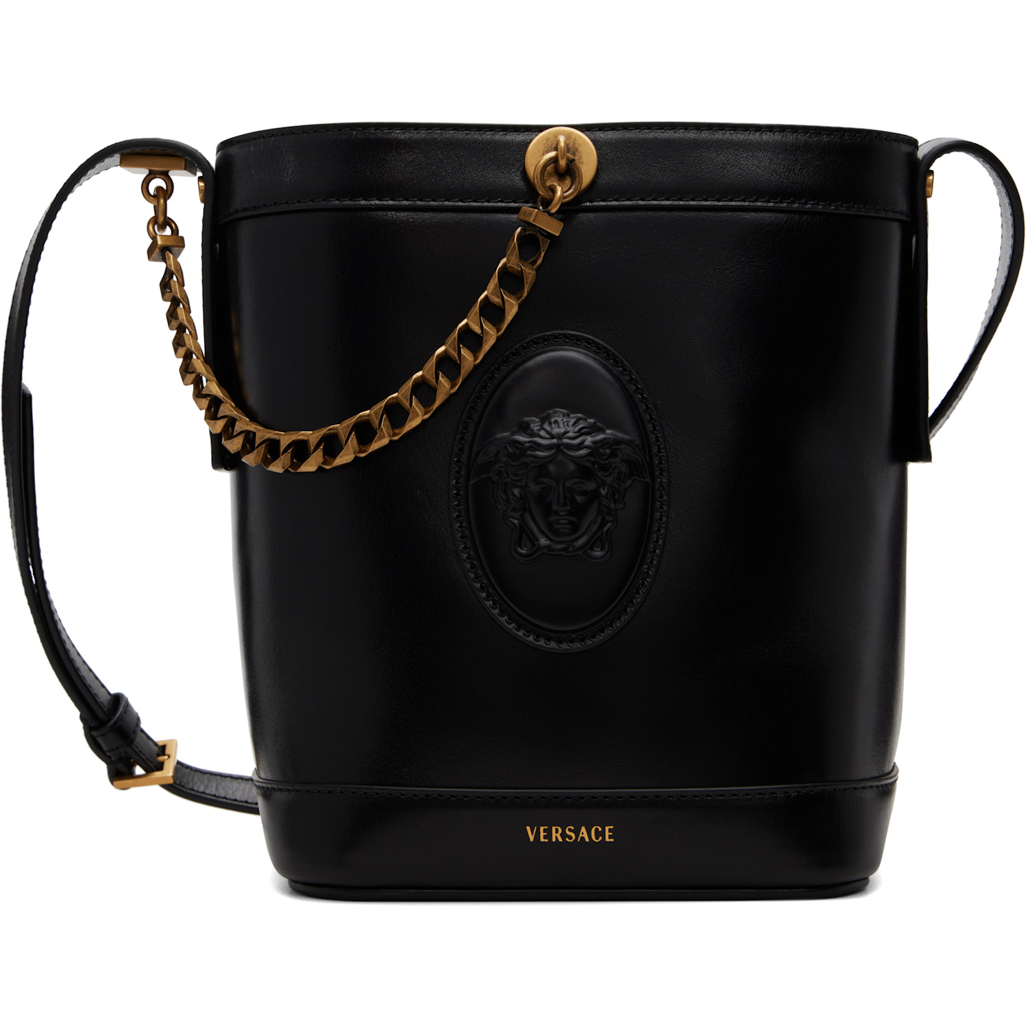 Versace Black Pivot Mini Leather Bucket Bag