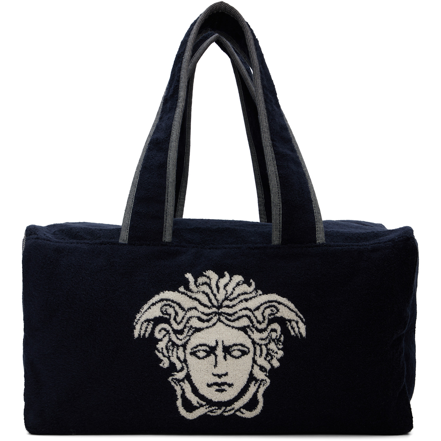 Versace Navy Terry Cloth Jacquard Gym Duffle Bag