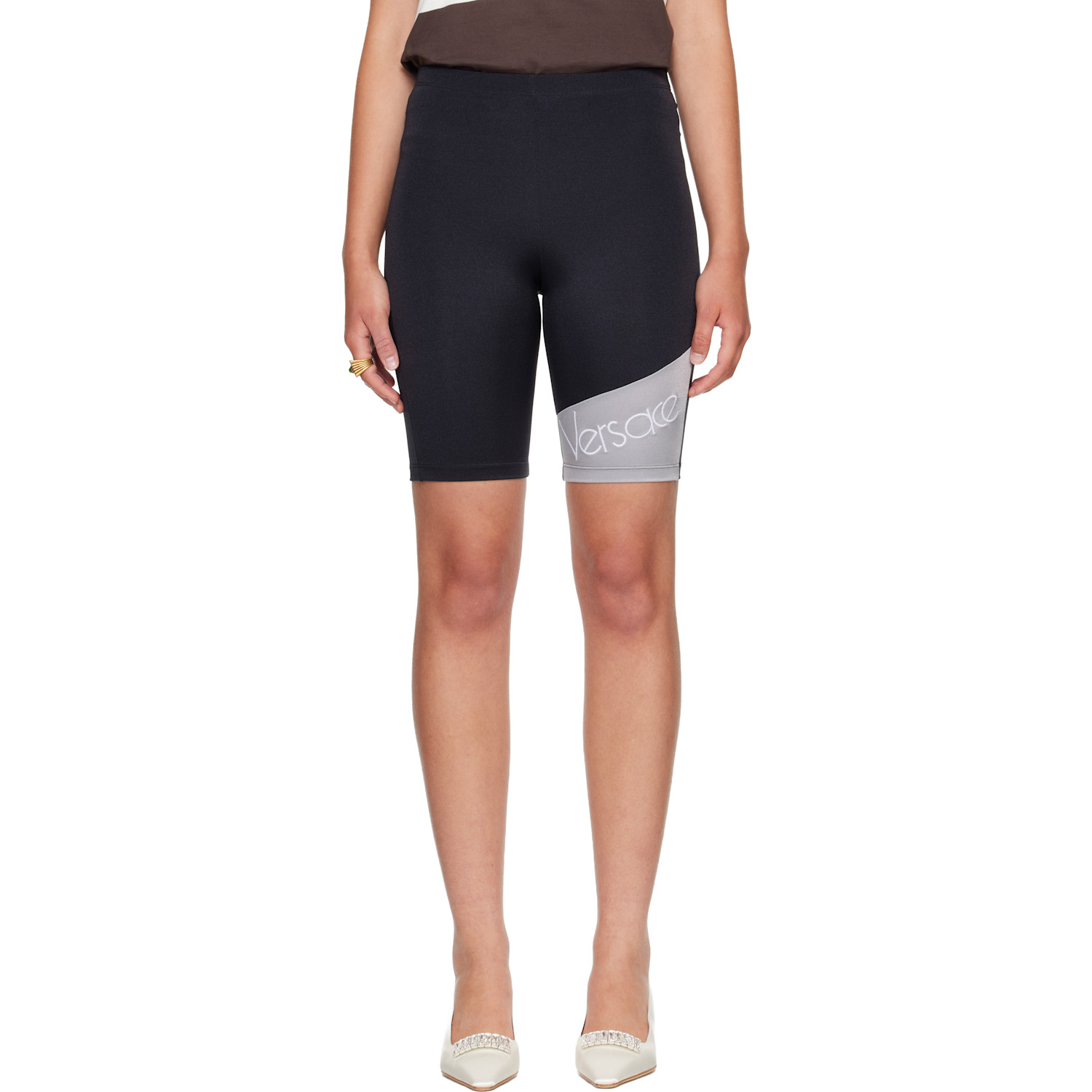 Versace Black Embroidered-Logo Bicycle Shorts