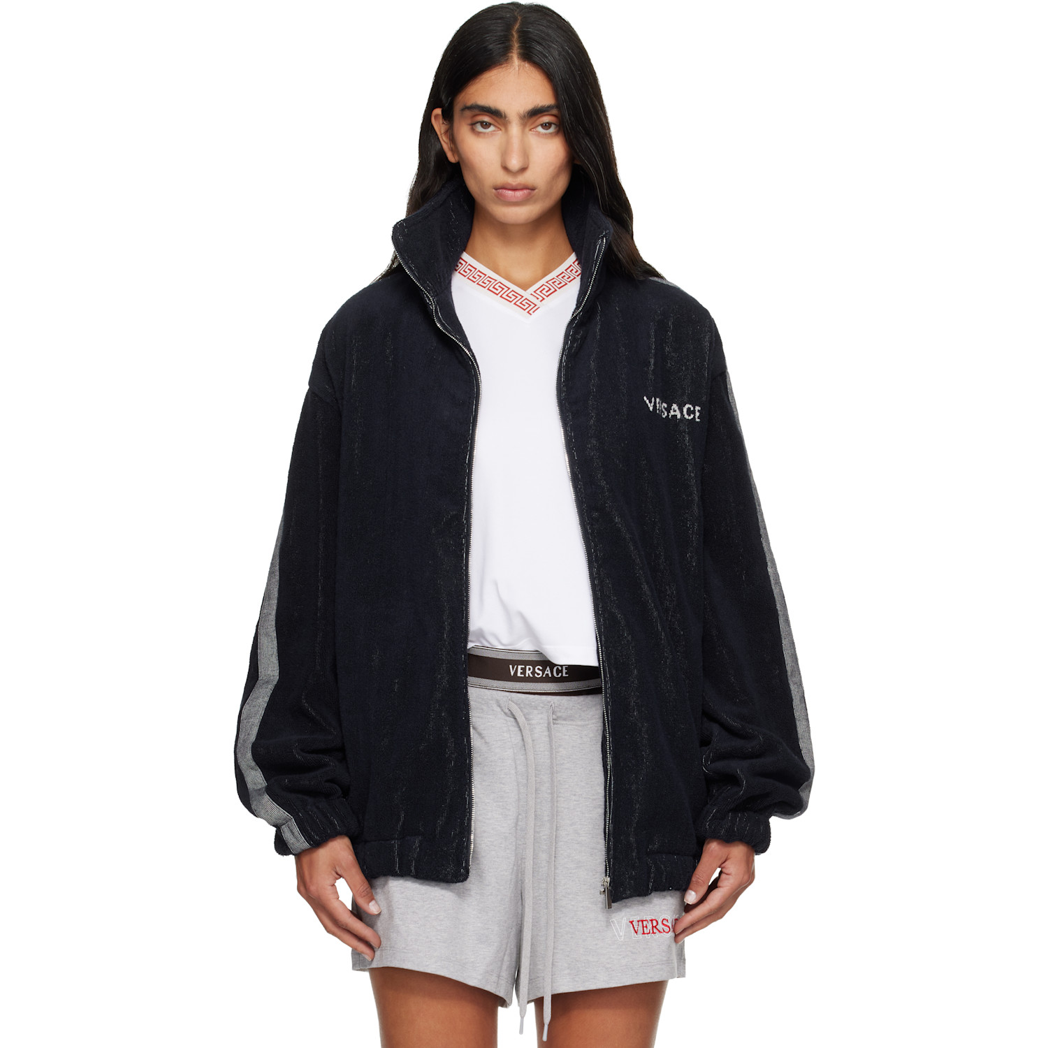 Versace Navy Cotton-Terry Jacquard Zip Jacket