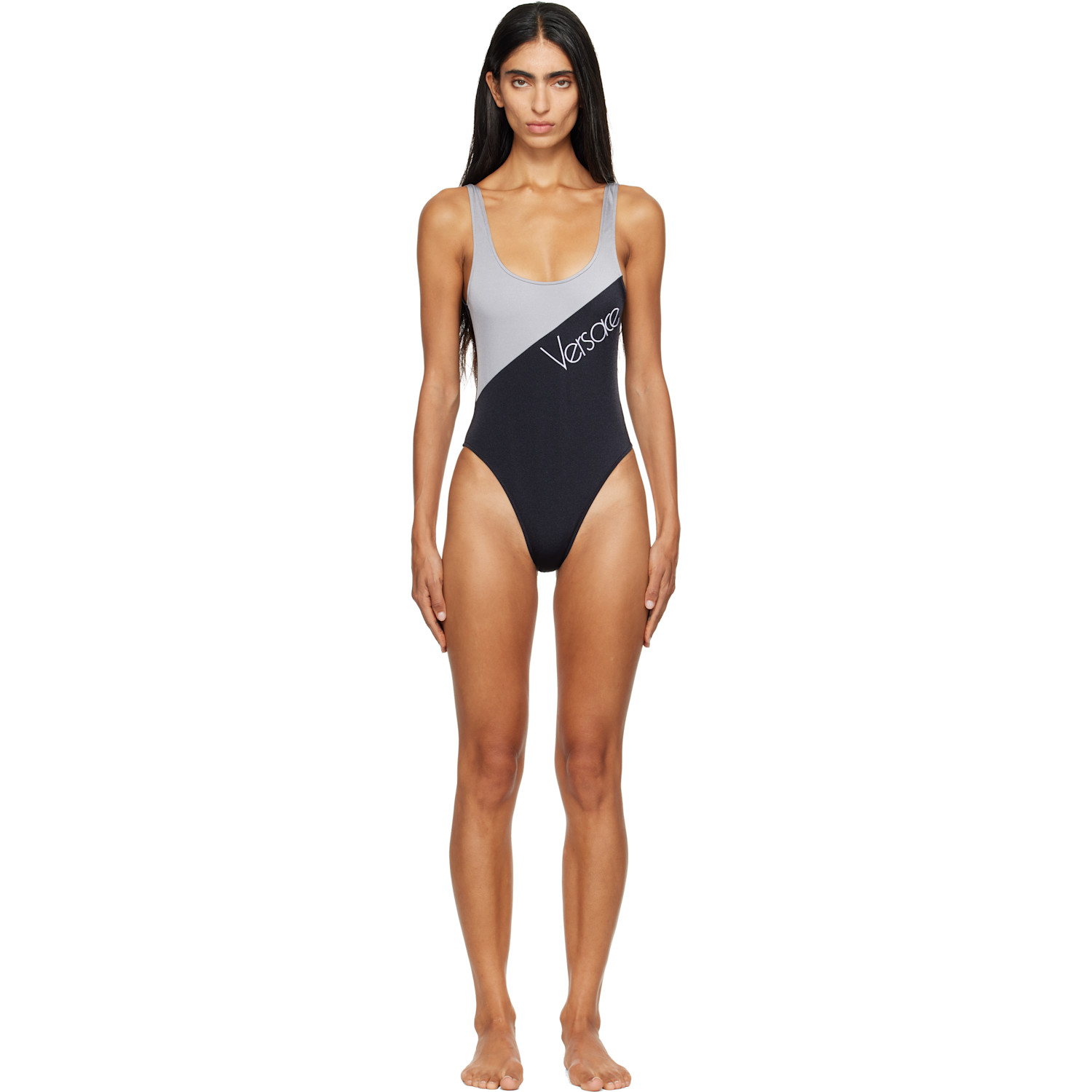 Versace Black & Gray Embroidered-Logo One-Piece Swimsuit