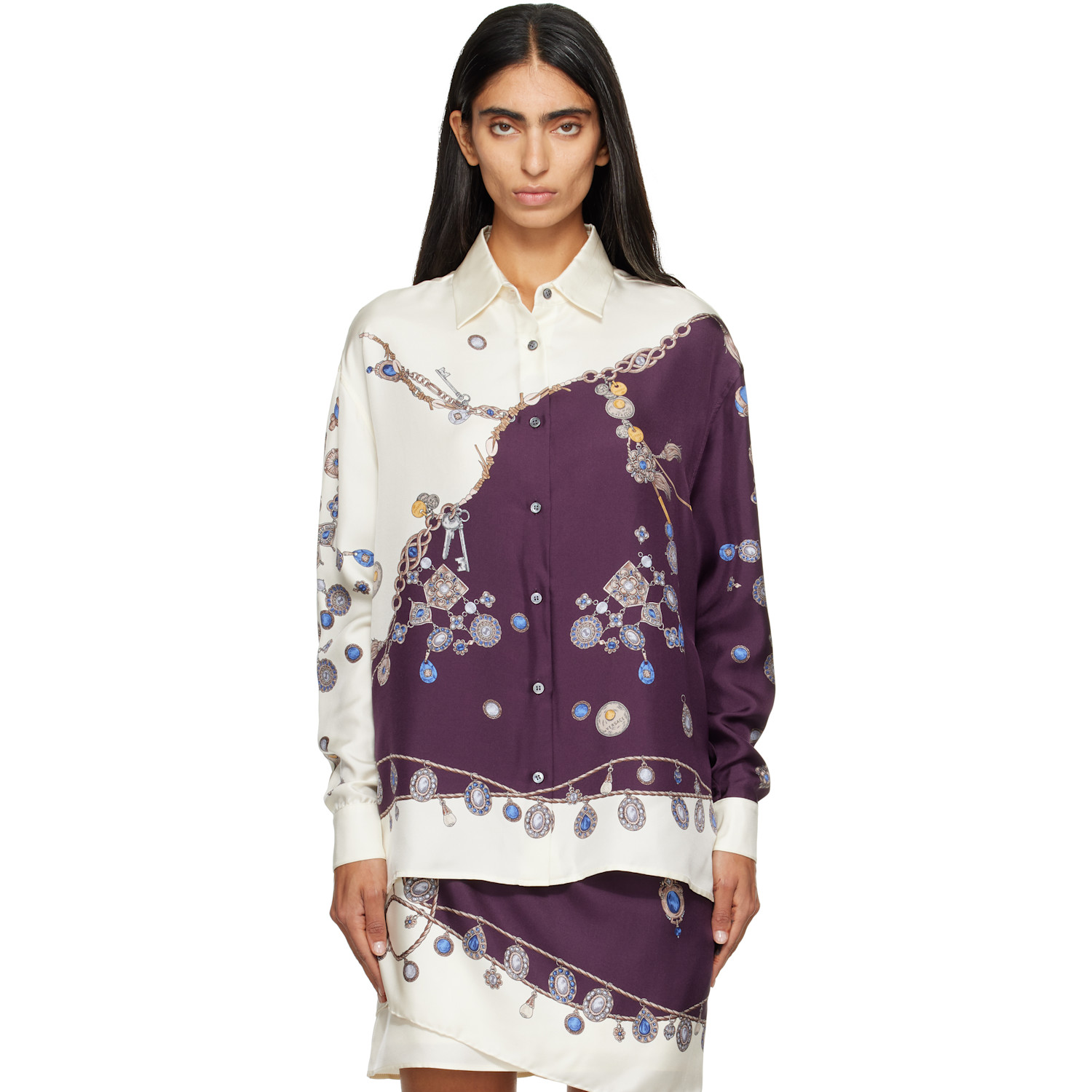 Versace Purple & White Printed Silk Twill Shirt