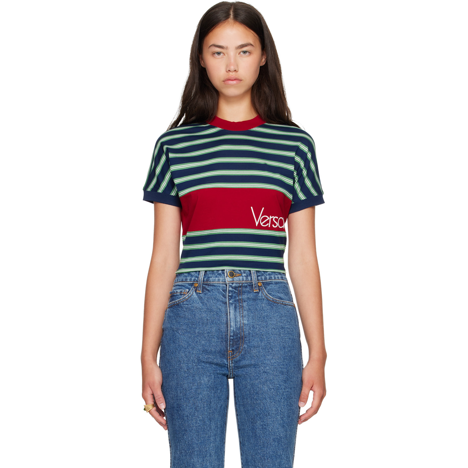 Versace Blue & Red Embroidered-Logo Striped-Intarsia Cotton T-shirt