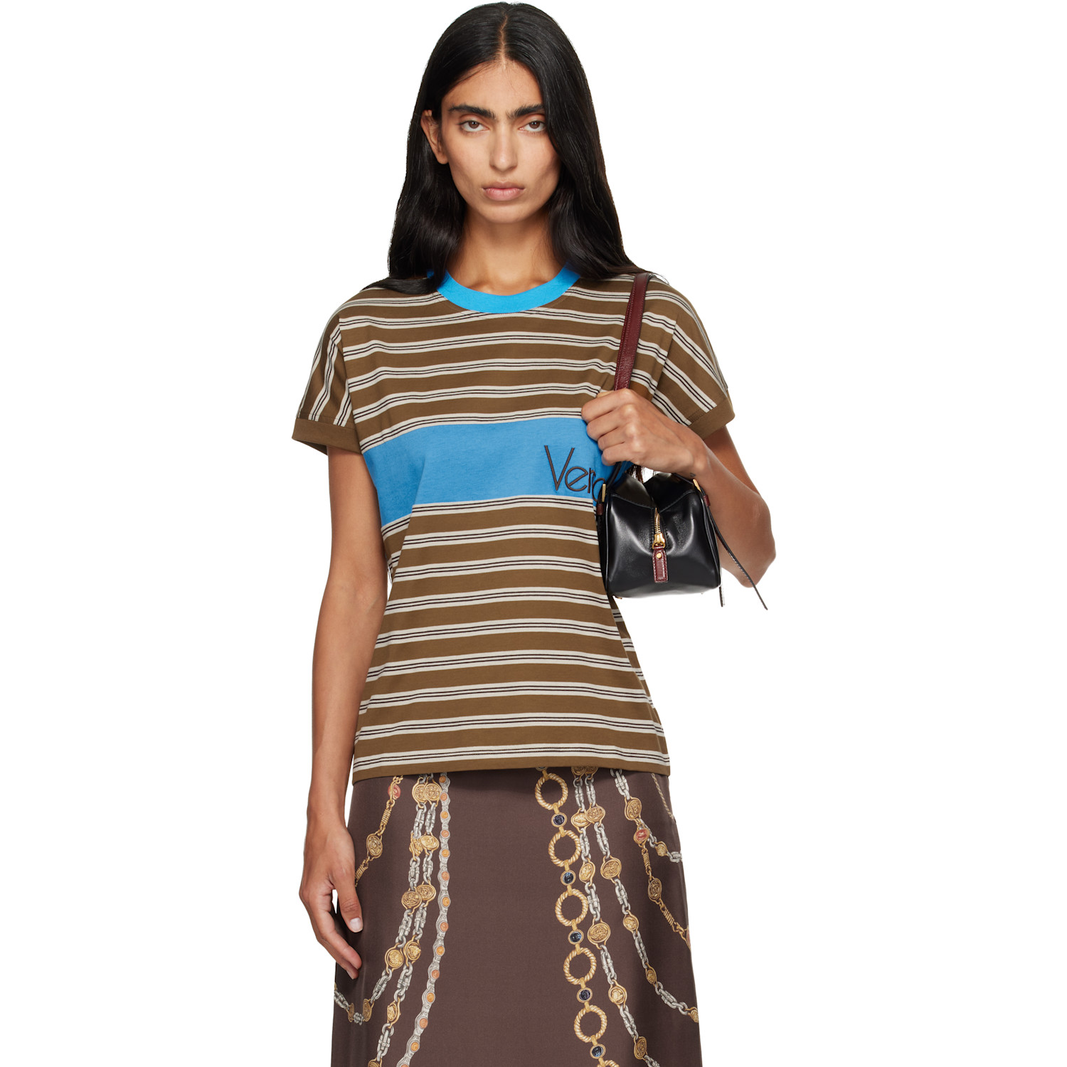 Versace Brown & Blue Embroidered-Logo Striped-Intarsia Cotton T-shirt