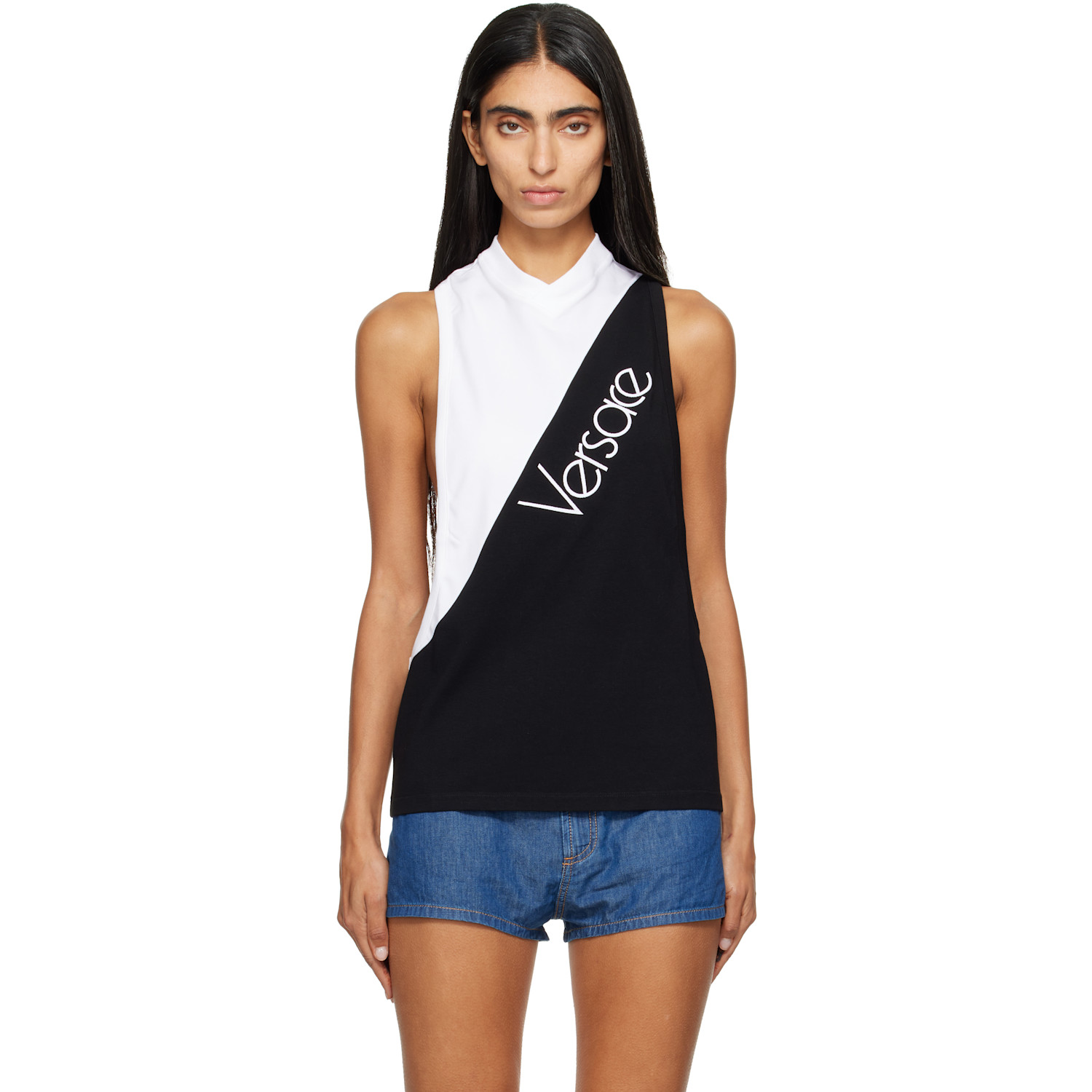 Versace White & Black Embroidered-Logo Cotton-Jersey Tank Top