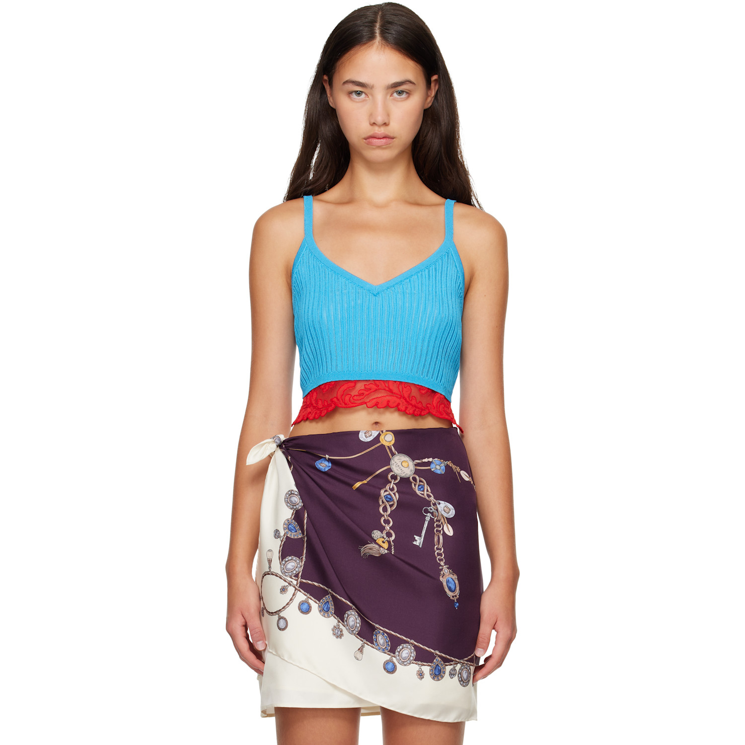 Versace Blue Lace-trim Viscose-blend Ribbed Knit Tank Top In 1v570 Blue