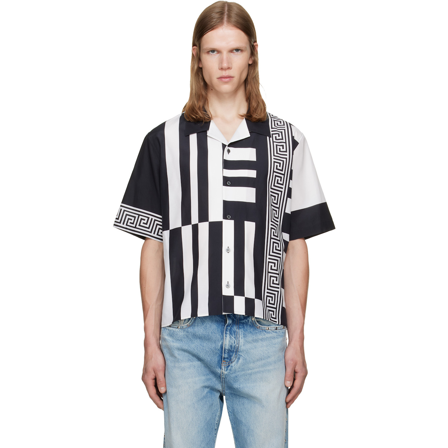 Versace Black & White Printed Cotton Silk Shirt