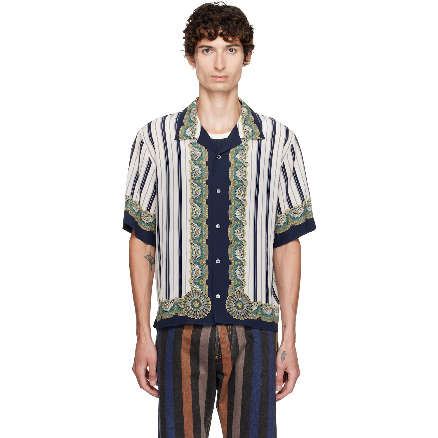 Versace Blue Printed Crêpe De Chine Silk Shirt