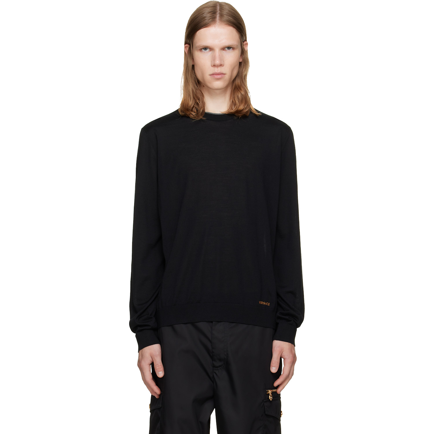 Versace Black Embroidered Wool Knit Crewneck Sweater