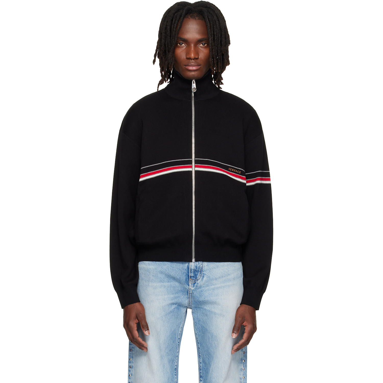 Versace Black Embroidered-Logo Cotton Knit Zip Cardigan