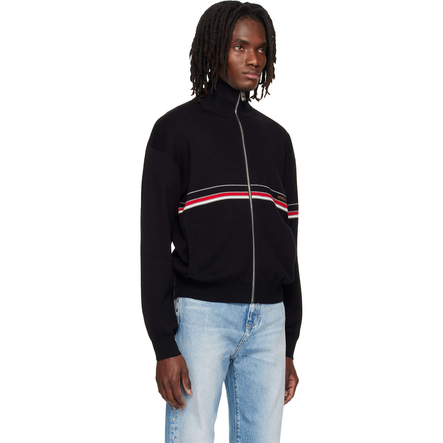  Versace Black Embroidered-logo Cotton Knit Zip Cardigan 