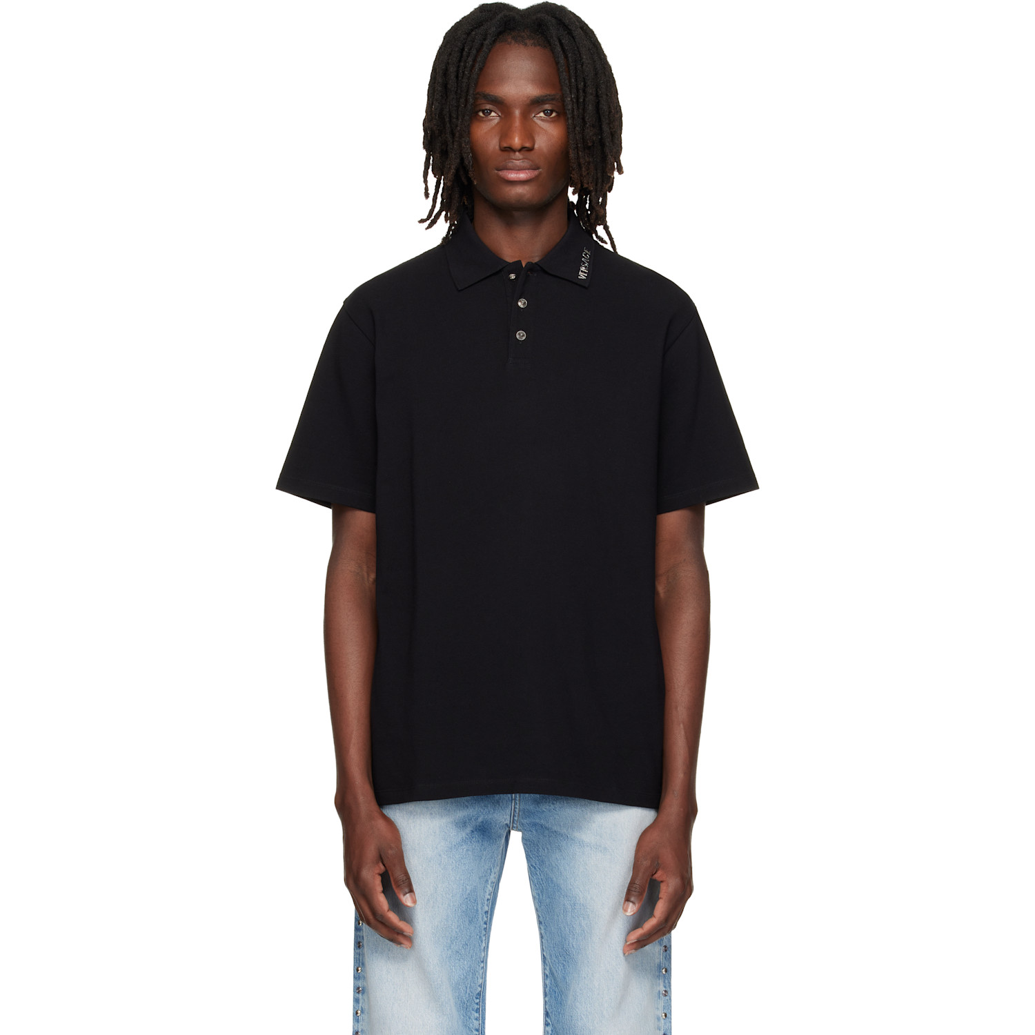 Versace Black Piquet Crystal Embroidered Knitted Collar Polo