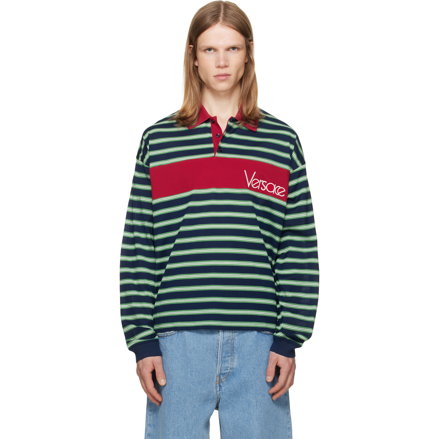 Versace Blue & Green Embroidered-Logo Striped-Intarsia Cotton Polo