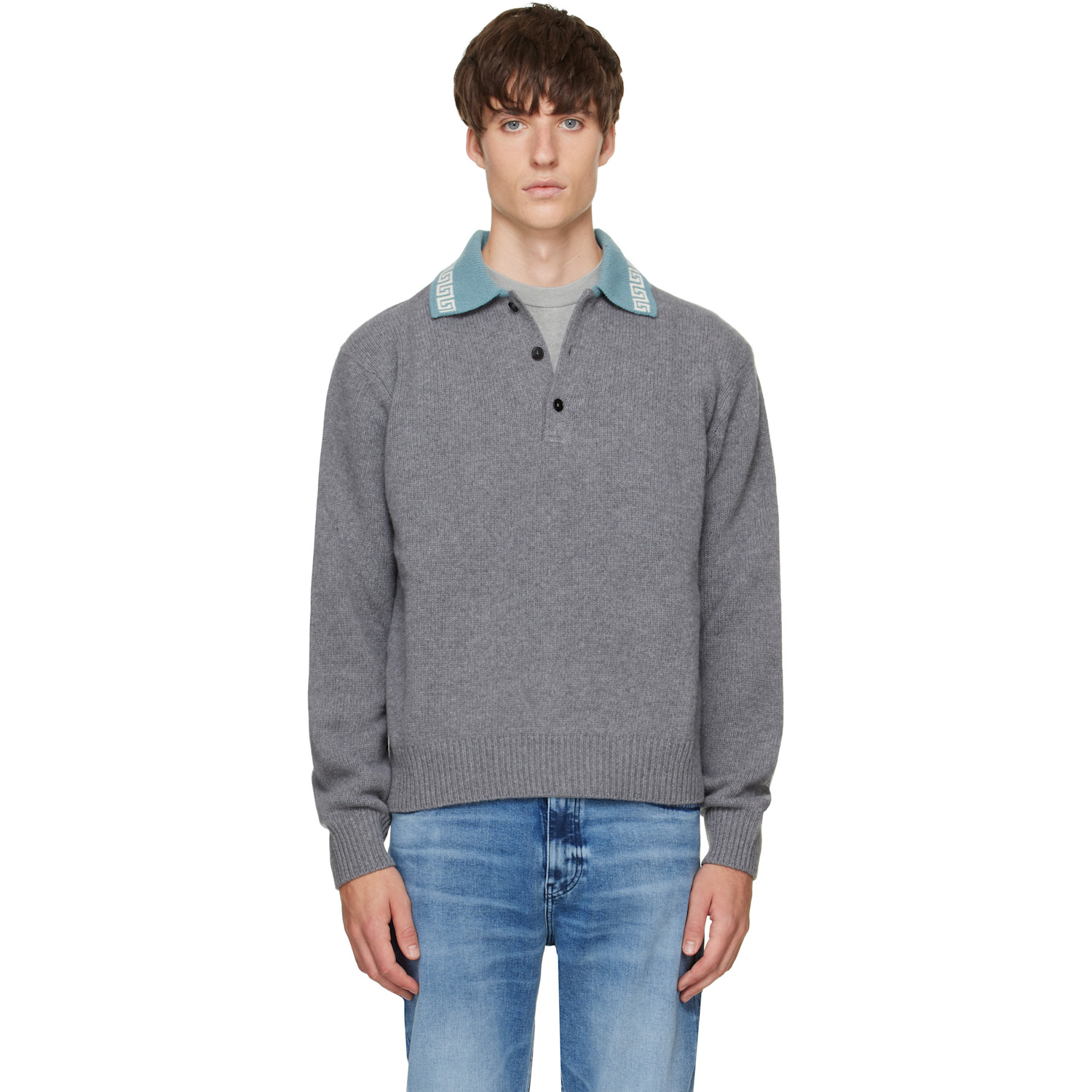 Versace Gray Wool & Cashmere Knit Polo