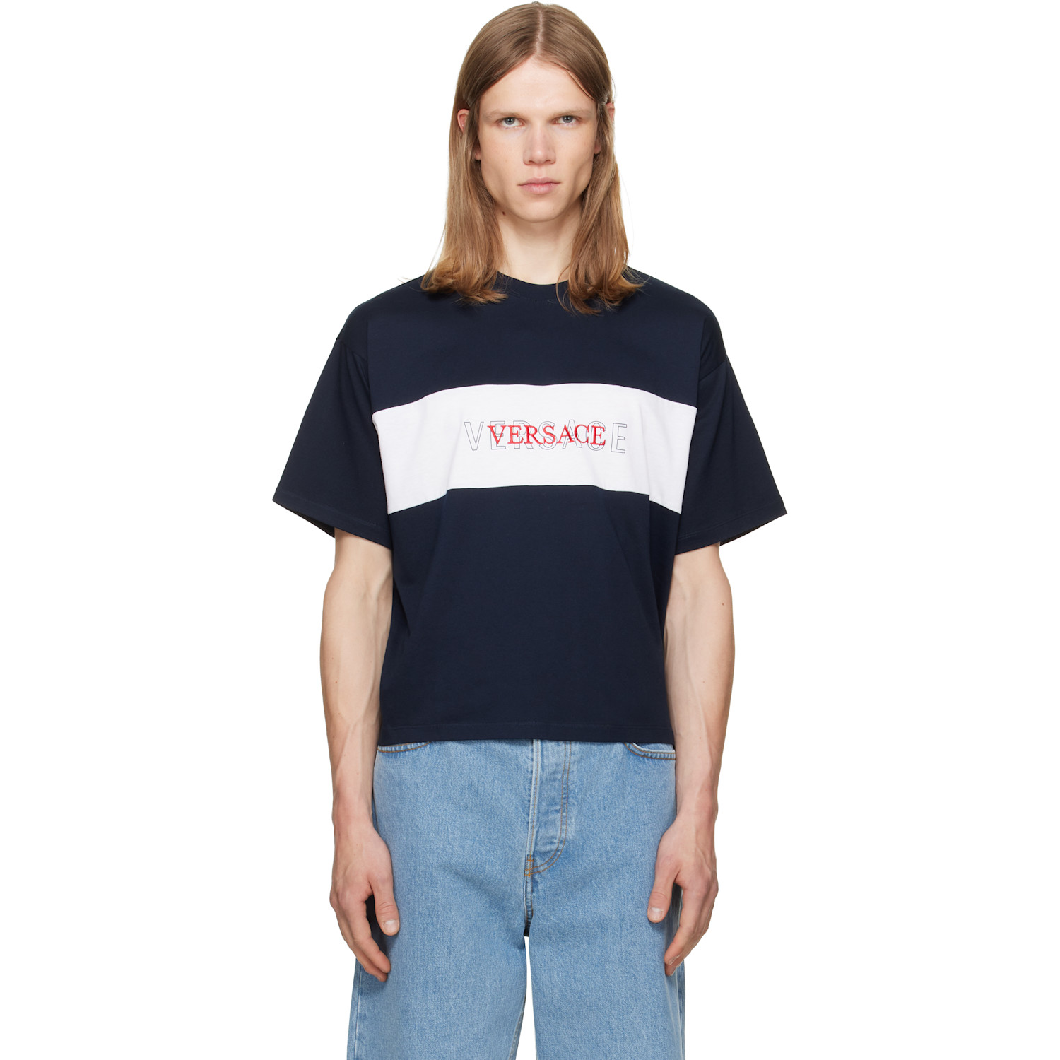 Versace Navy Intarsia Cotton-Jersey Regular T-shirt