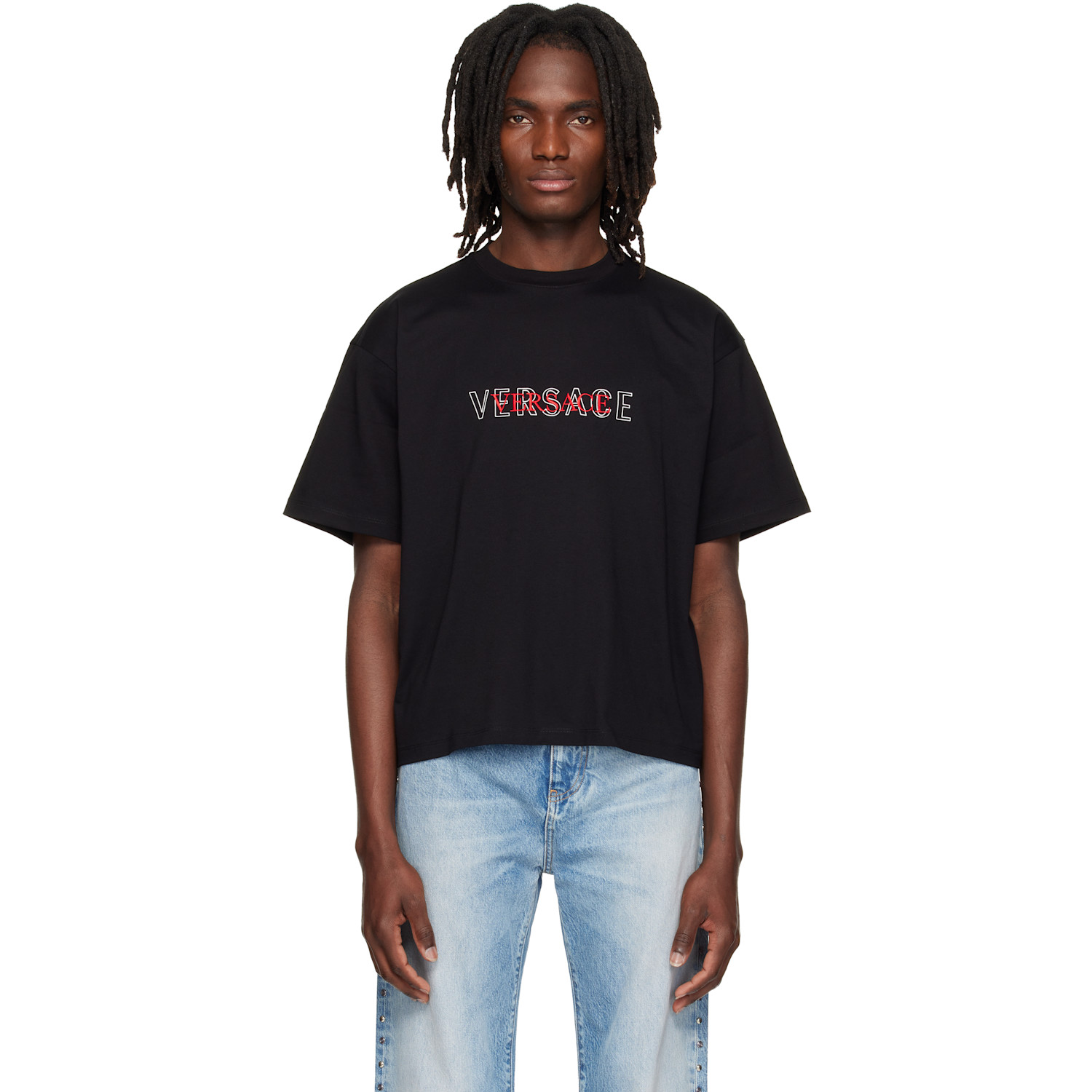 Versace Black Embroidered-Logo Cotton-Jersey Regular T-shirt
