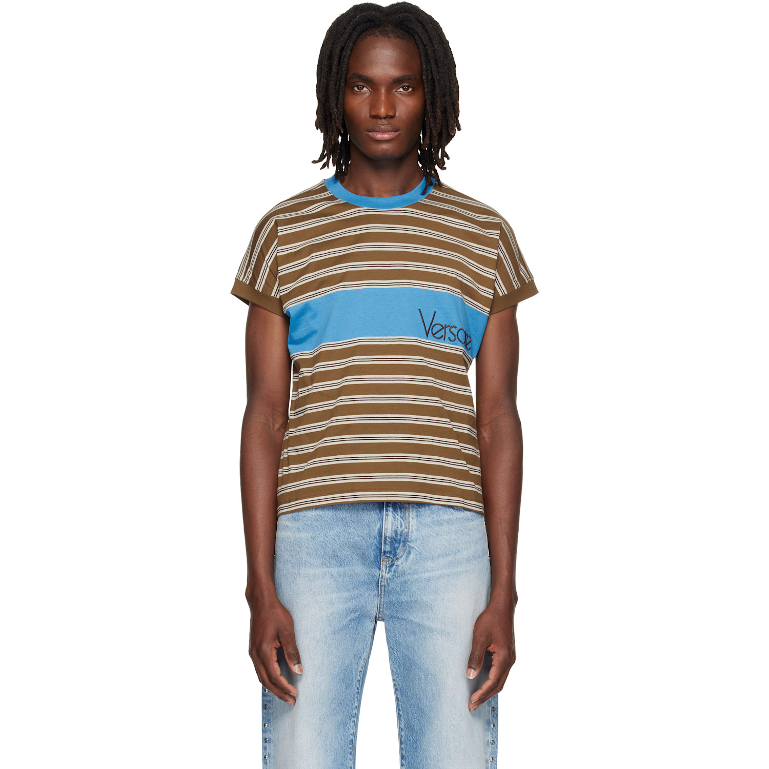Versace Brown Embroidered-Logo Striped-Intarsia Cotton T-shirt
